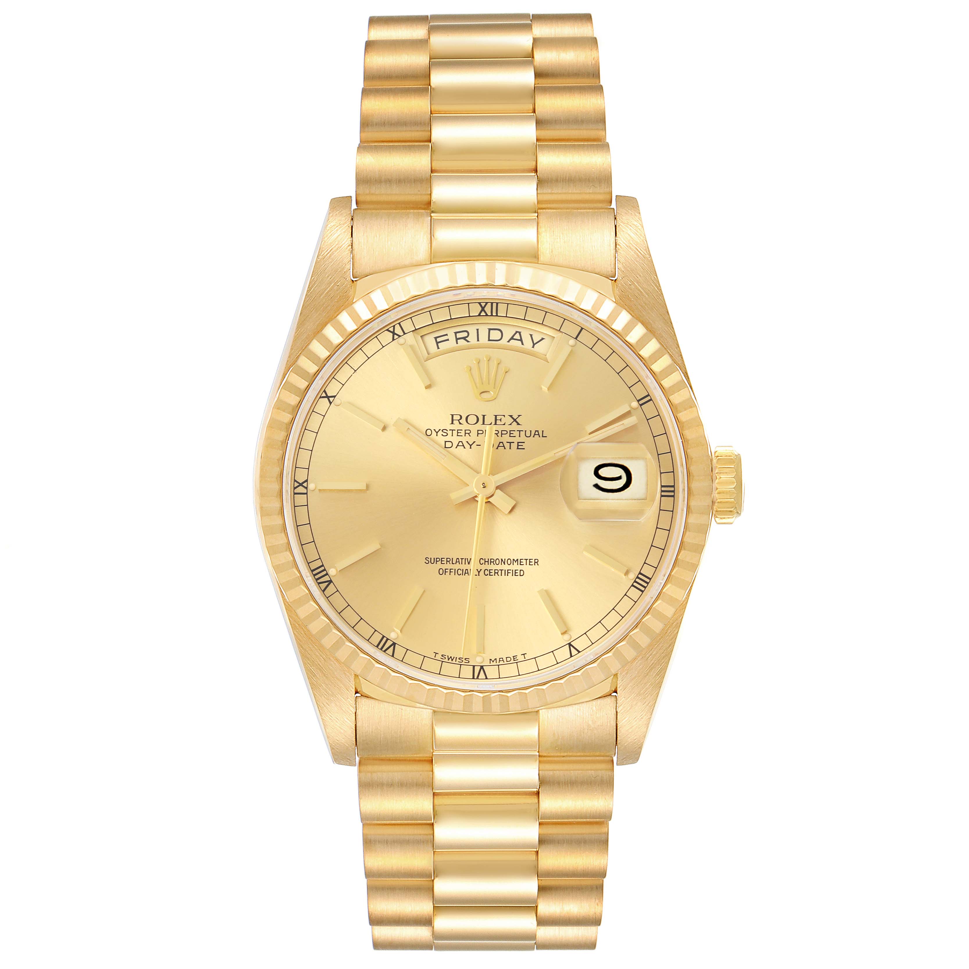 The Rolex President 18238 Men's Yellow Gold Champagne Dial 18238 Men's Yellow Gold Champagne Dial model is shown from the front, displaying the dial, bracelet, and crown.