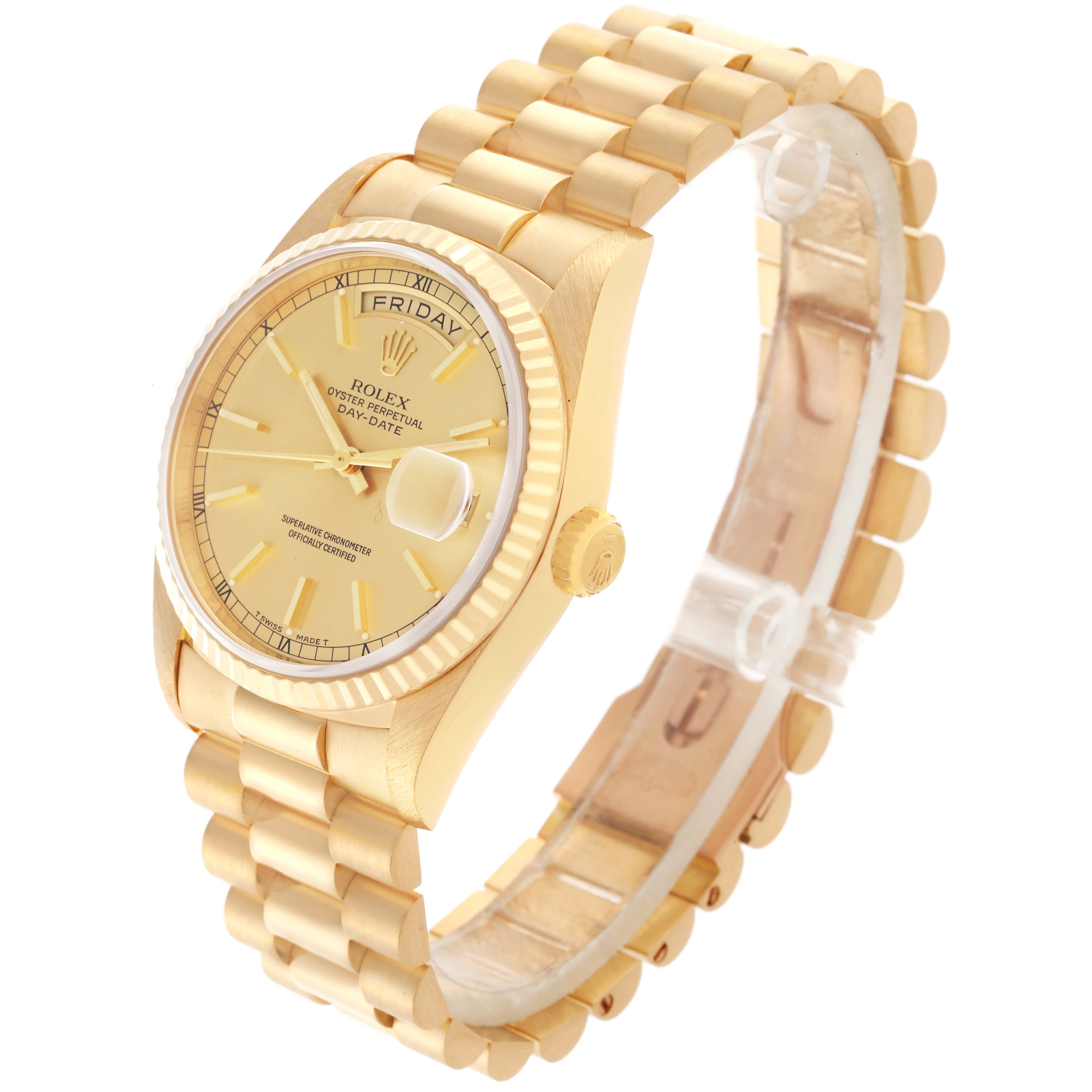 The image shows a Rolex President 18238 Men's Yellow Gold Champagne Dial 18238 Men's Yellow Gold Champagne Dial model at a three-quarter angle, displaying the dial, fluted bezel, and part of the bracelet.