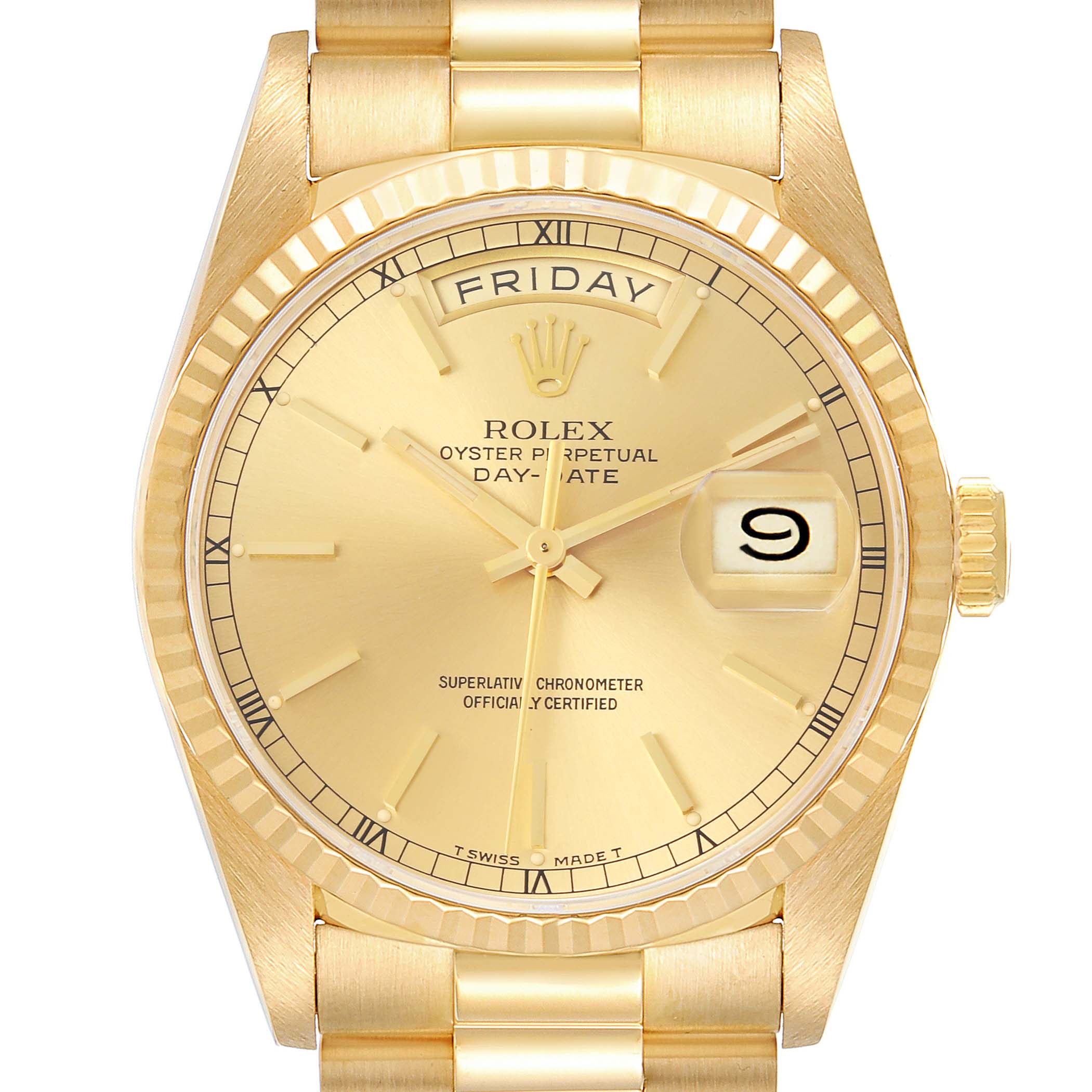 The Rolex President 18238 Men's Yellow Gold Champagne Dial 18238 Men's Yellow Gold Champagne Dial watch is shown from the front, highlighting the dial, bezel, and part of the bracelet.