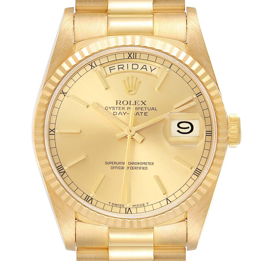 The Rolex President watch is shown from the front, highlighting the dial, bezel, and part of the bracelet.