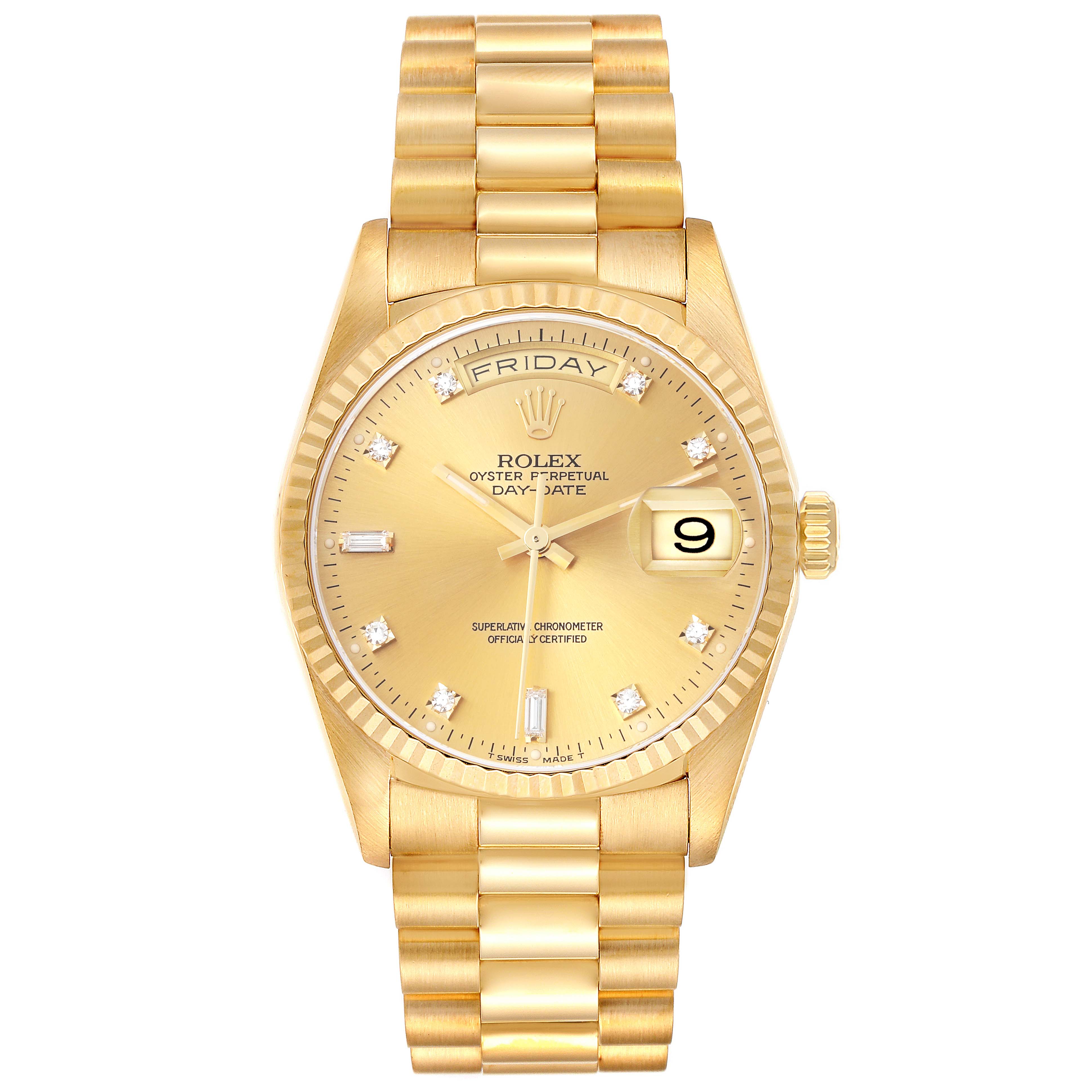 The Rolex President 18238 Men
s Yellow Gold Champagne Dial 18238 Men
s Yellow Gold Champagne Dial model is shown from the front, displaying the dial, day-date feature, and bracelet.