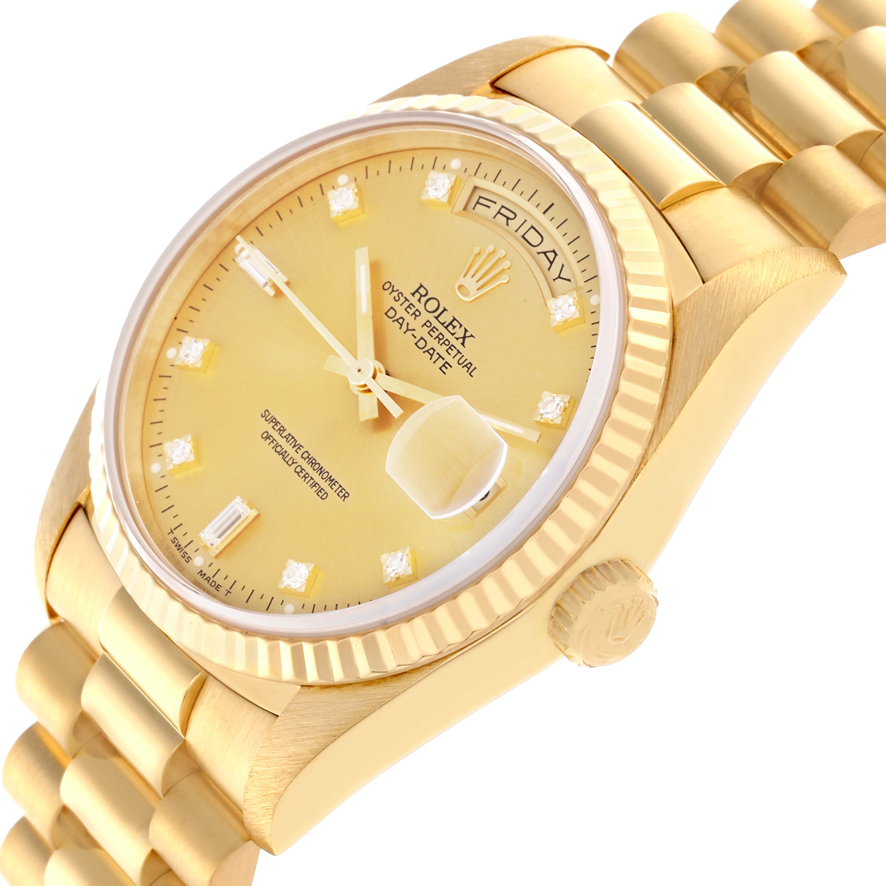 The Rolex President 18238 Men
s Yellow Gold Champagne Dial 18238 Men
s Yellow Gold Champagne Dial model watch is shown at a three-quarter angle, highlighting the face, bezel, crown, and part of the bracelet.