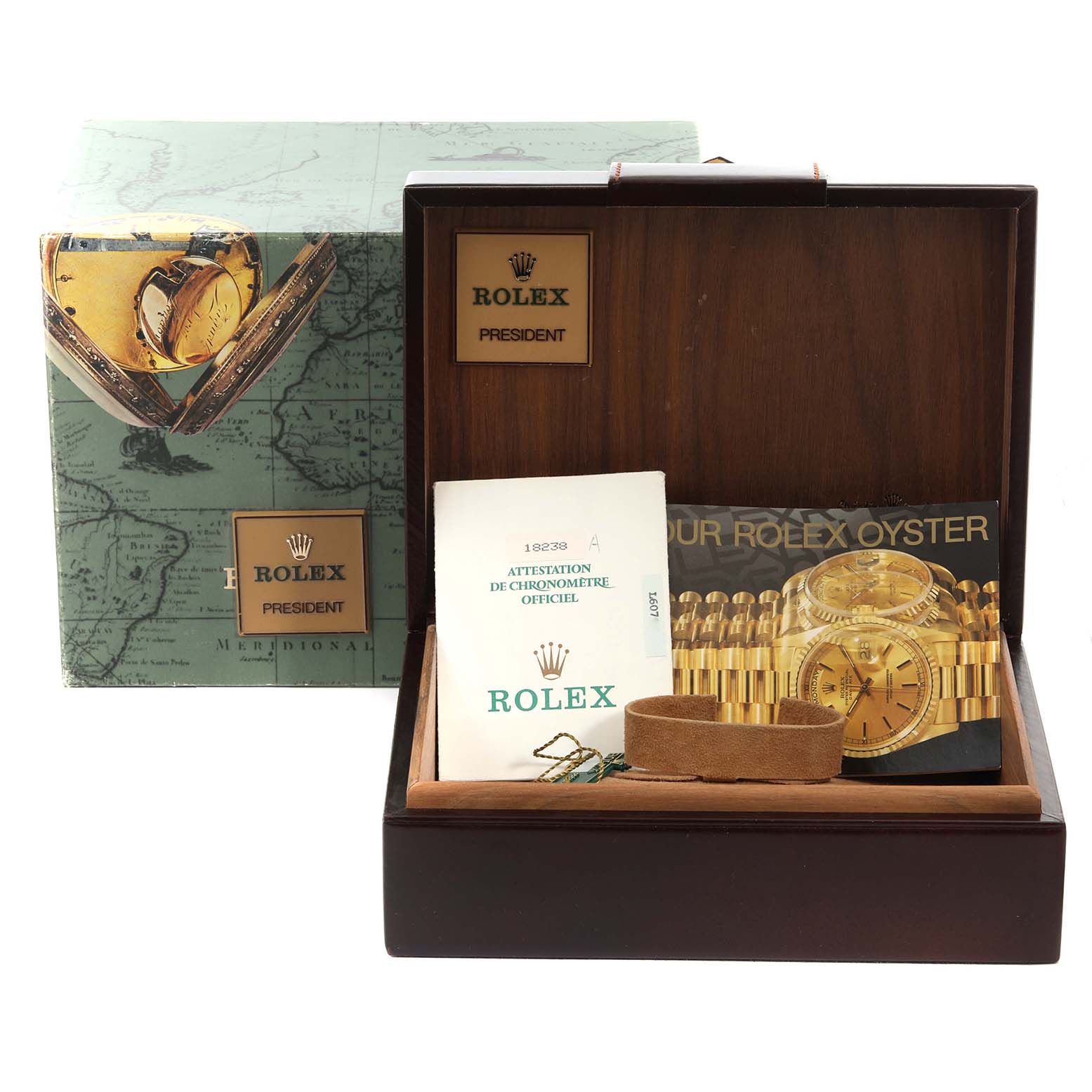 The image shows a Rolex President 18238 Men
s Yellow Gold Champagne Dial 18238 Men
s Yellow Gold Champagne Dial model box set including the box, documentation, and watch cushion.