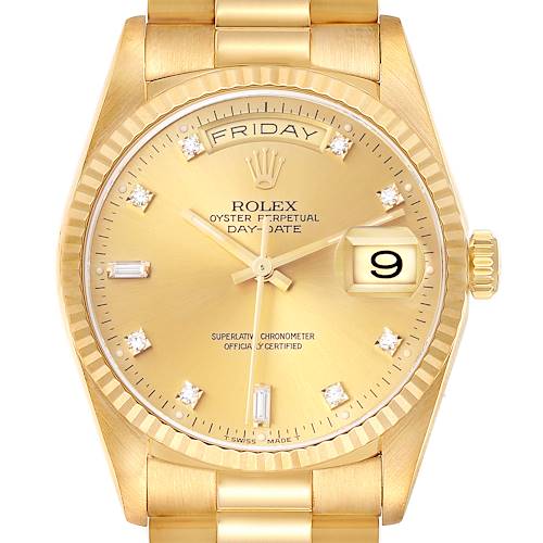 The Rolex President model is shown from the front, highlighting the dial, day-date display, and part of the bracelet.