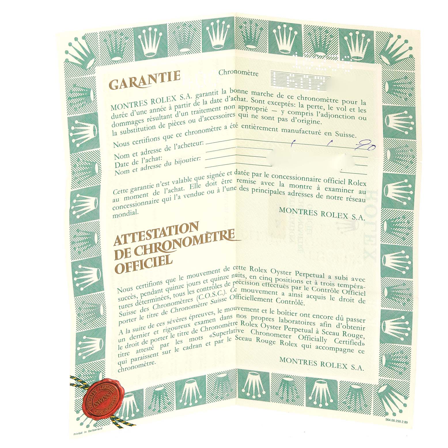 The image shows a warranty certificate for the Rolex President 18238 Men
s Yellow Gold Champagne Dial 18238 Men
s Yellow Gold Champagne Dial model, featuring text and logos.