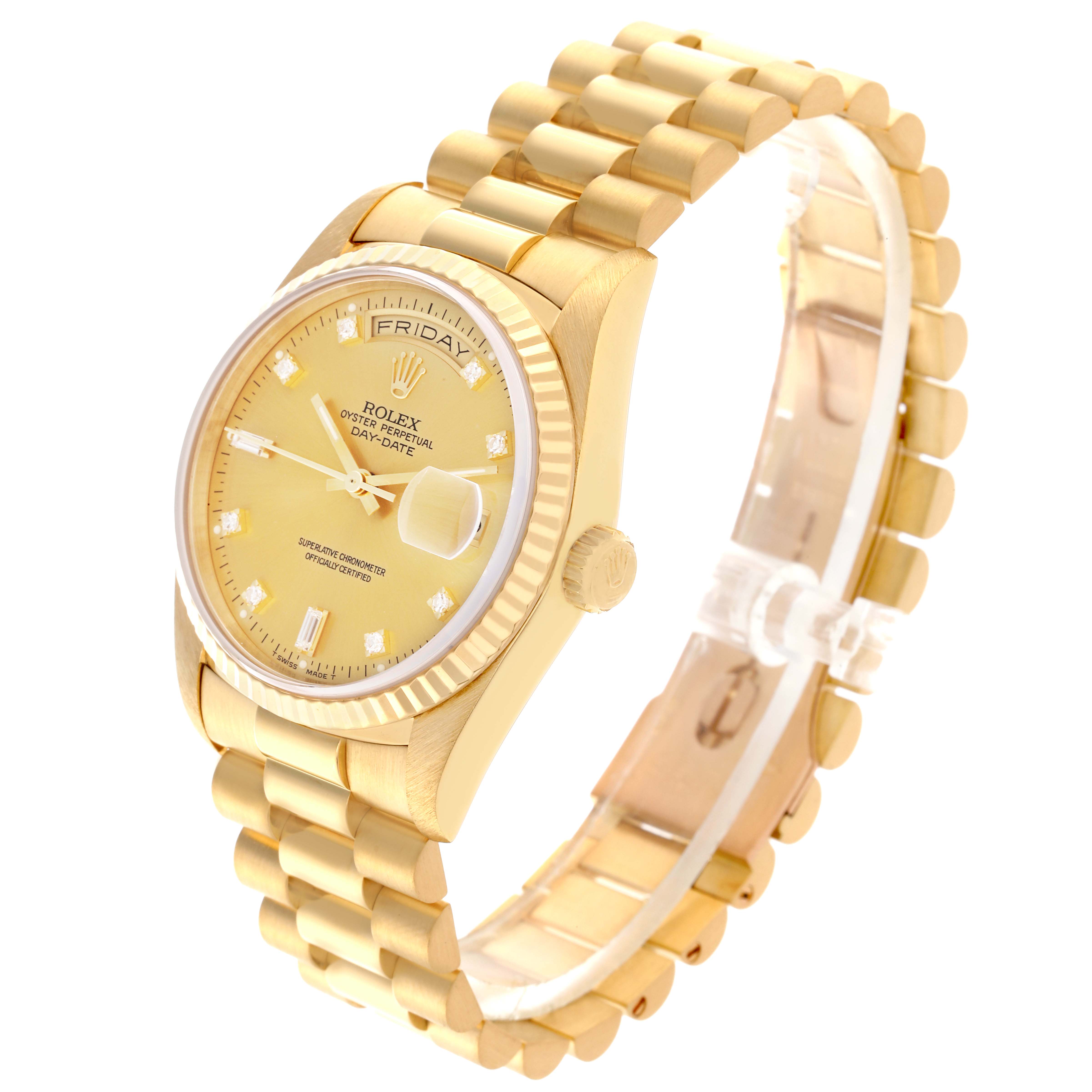 The Rolex President 18238 Men
s Yellow Gold Champagne Dial 18238 Men
s Yellow Gold Champagne Dial model is shown at a slight angle, displaying the gold bracelet, crown, and face with the day-date feature.