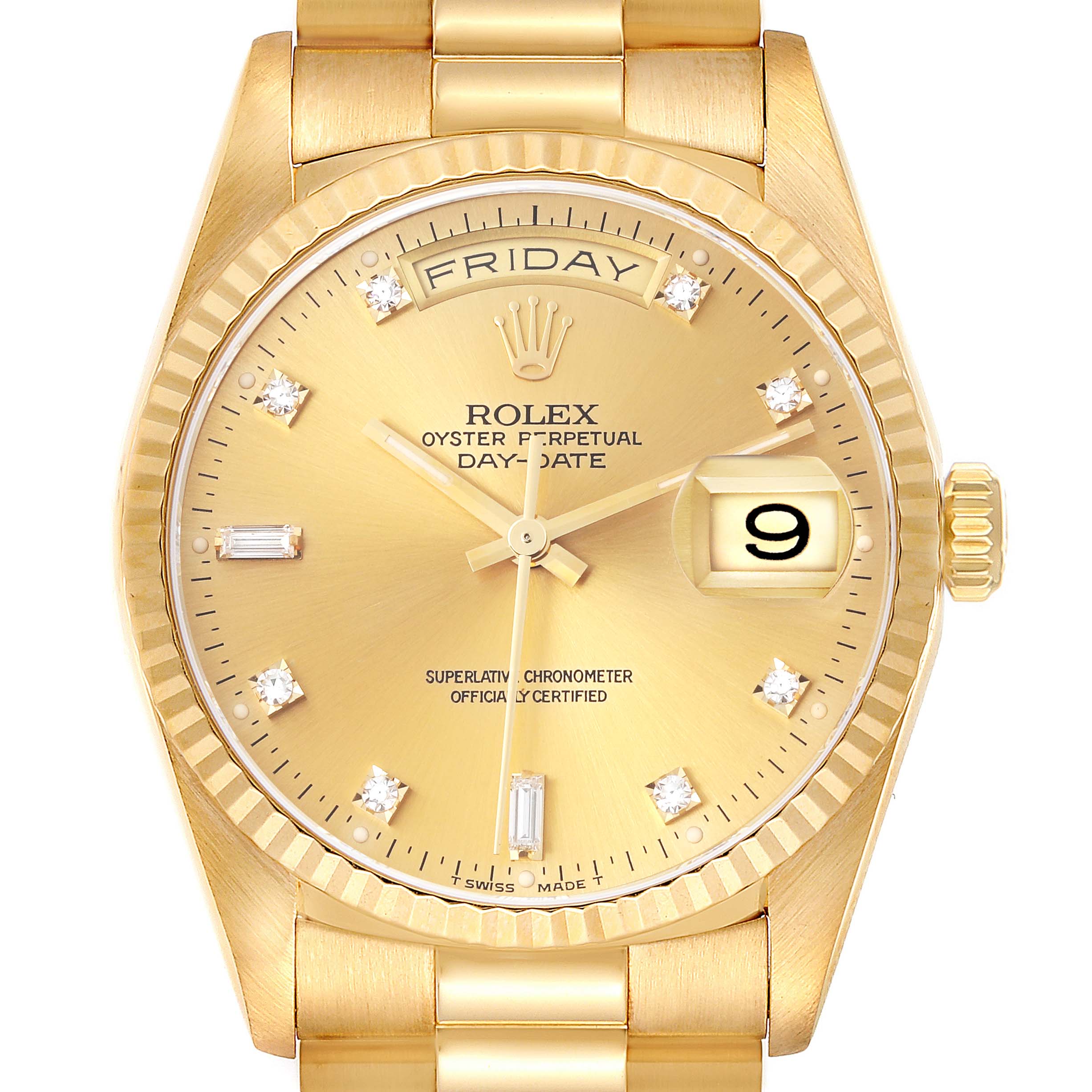 The Rolex President 18238 Men
s Yellow Gold Champagne Dial 18238 Men
s Yellow Gold Champagne Dial watch is shown from the front, displaying the dial, bezel, crown, and part of the bracelet.