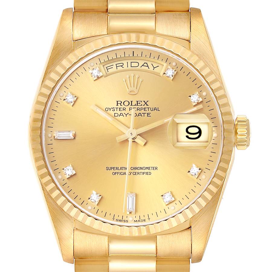 The Rolex President watch is shown from the front, displaying the dial, bezel, crown, and part of the bracelet.