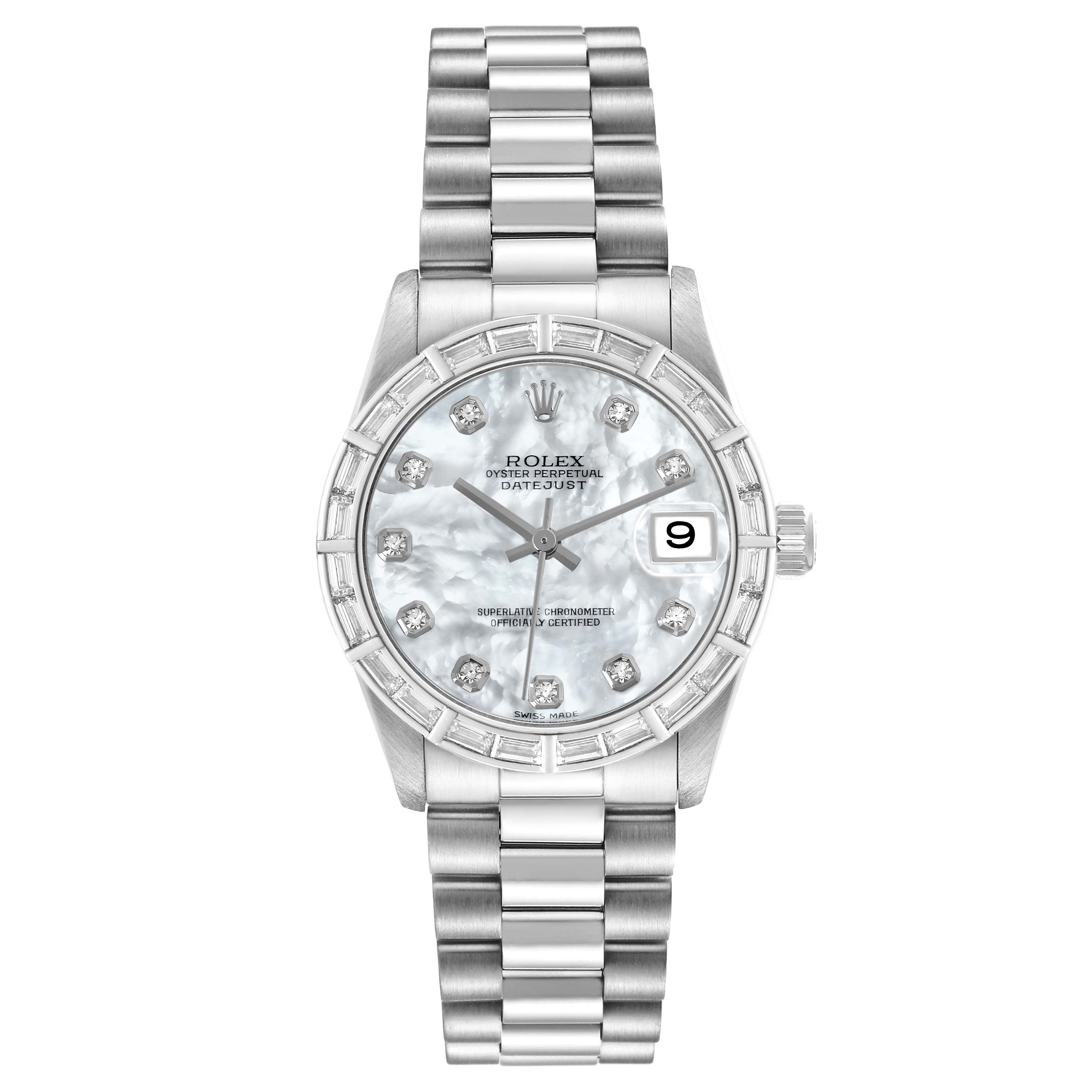 The Rolex President 78266 Women's Platinum Mother of Pearl Dial 78266 Women's Platinum Mother of Pearl Dial model is shown from a top-down angle, featuring the bracelet, bezel, dial, and date window.
