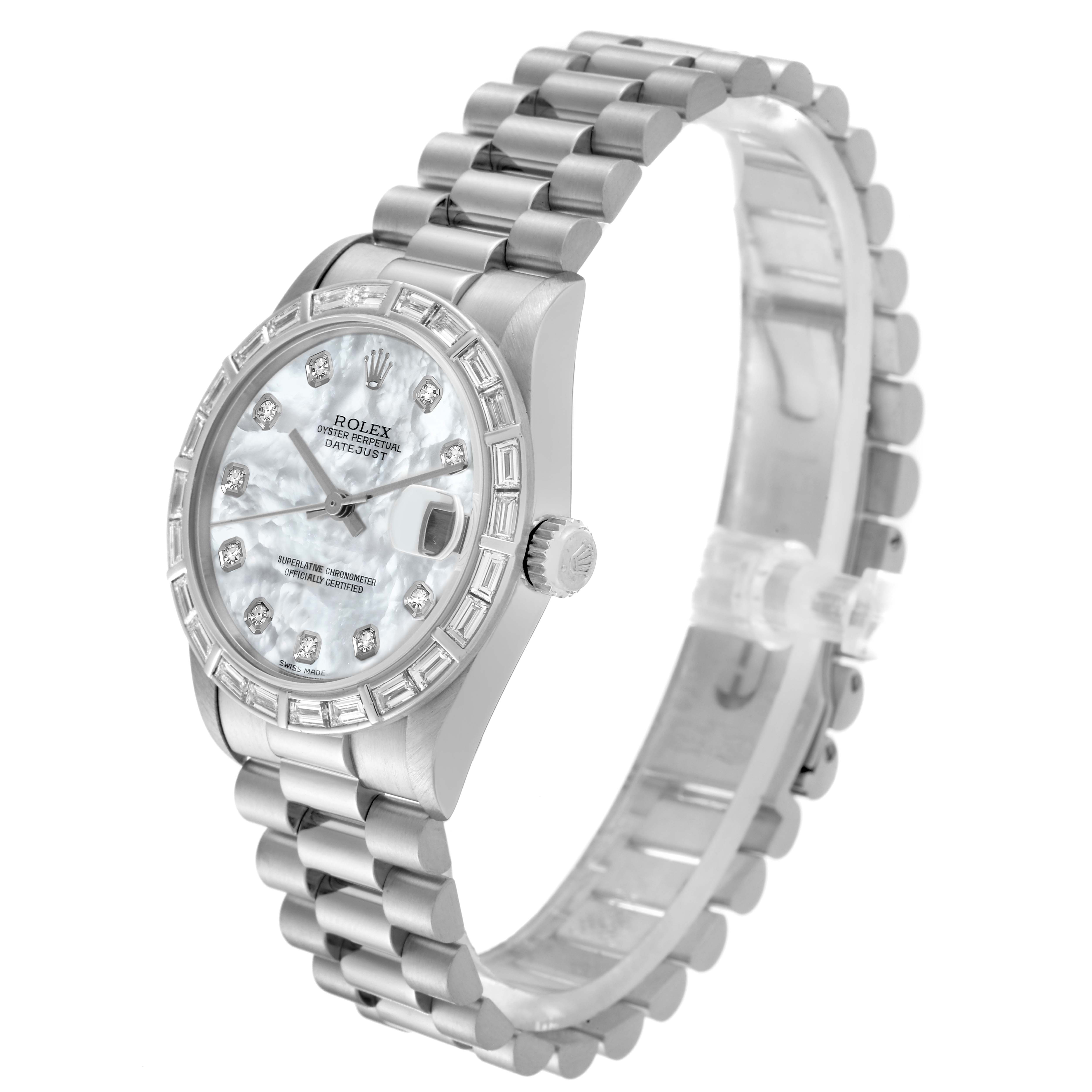 The Rolex President 78266 Women's Platinum Mother of Pearl Dial 78266 Women's Platinum Mother of Pearl Dial watch is shown from an angled side view, highlighting the face, bezel, crown, and bracelet.