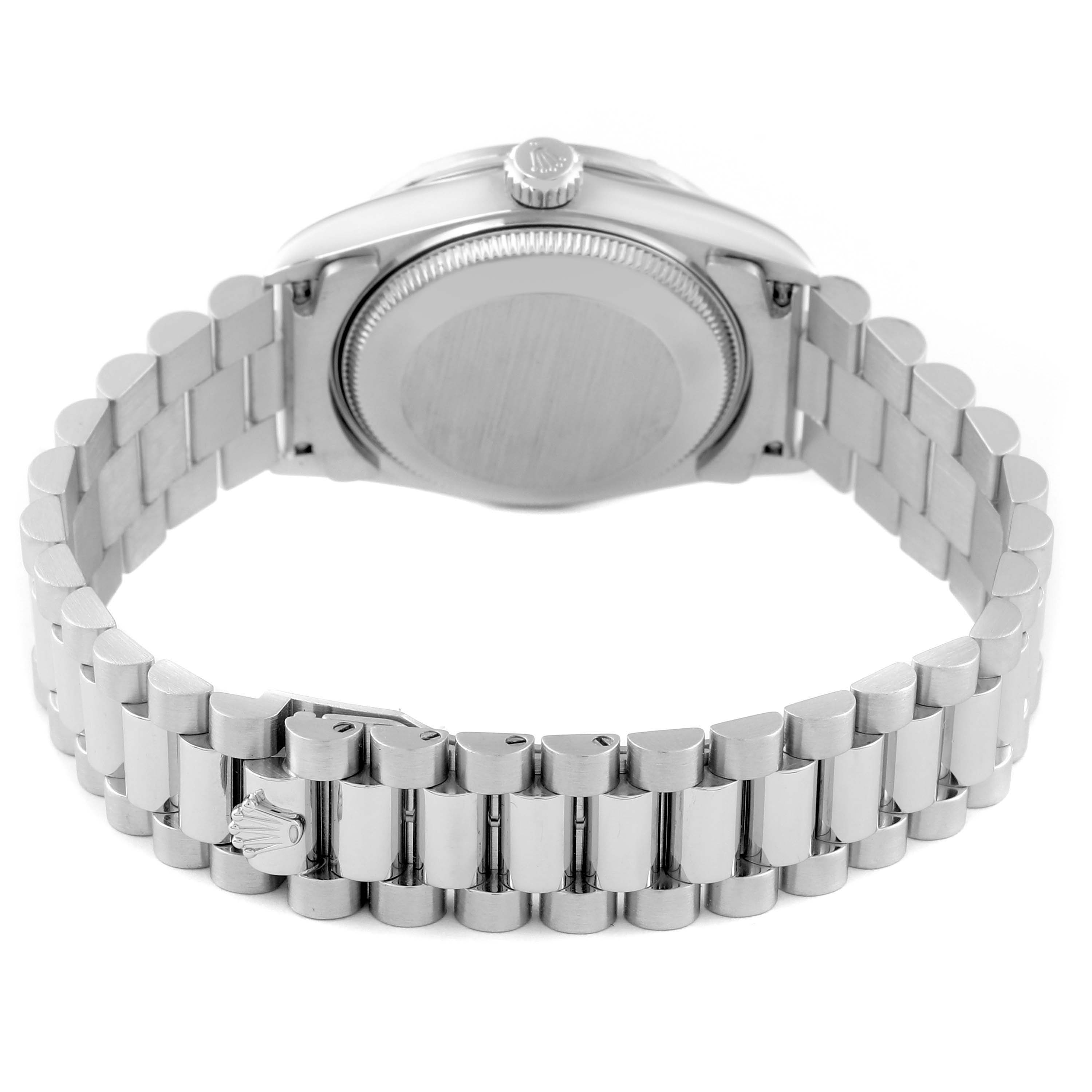The image shows the back and bracelet of the Rolex President 78266 Women's Platinum Mother of Pearl Dial 78266 Women's Platinum Mother of Pearl Dial model watch, highlighting the clasp and links.