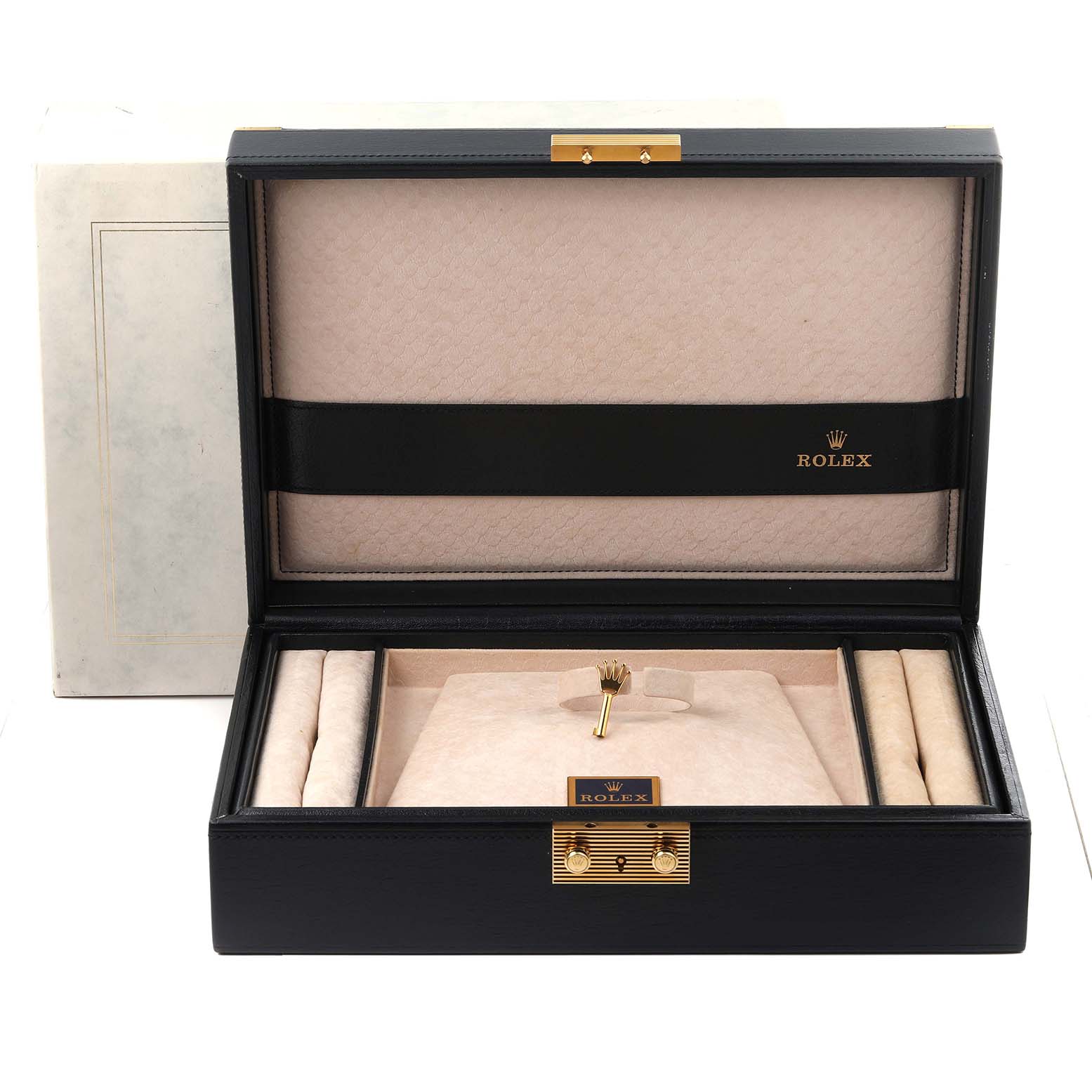 The image shows an open Rolex President 78266 Women's Platinum Mother of Pearl Dial 78266 Women's Platinum Mother of Pearl Dial watch box with storage sections, taken from a front angle.