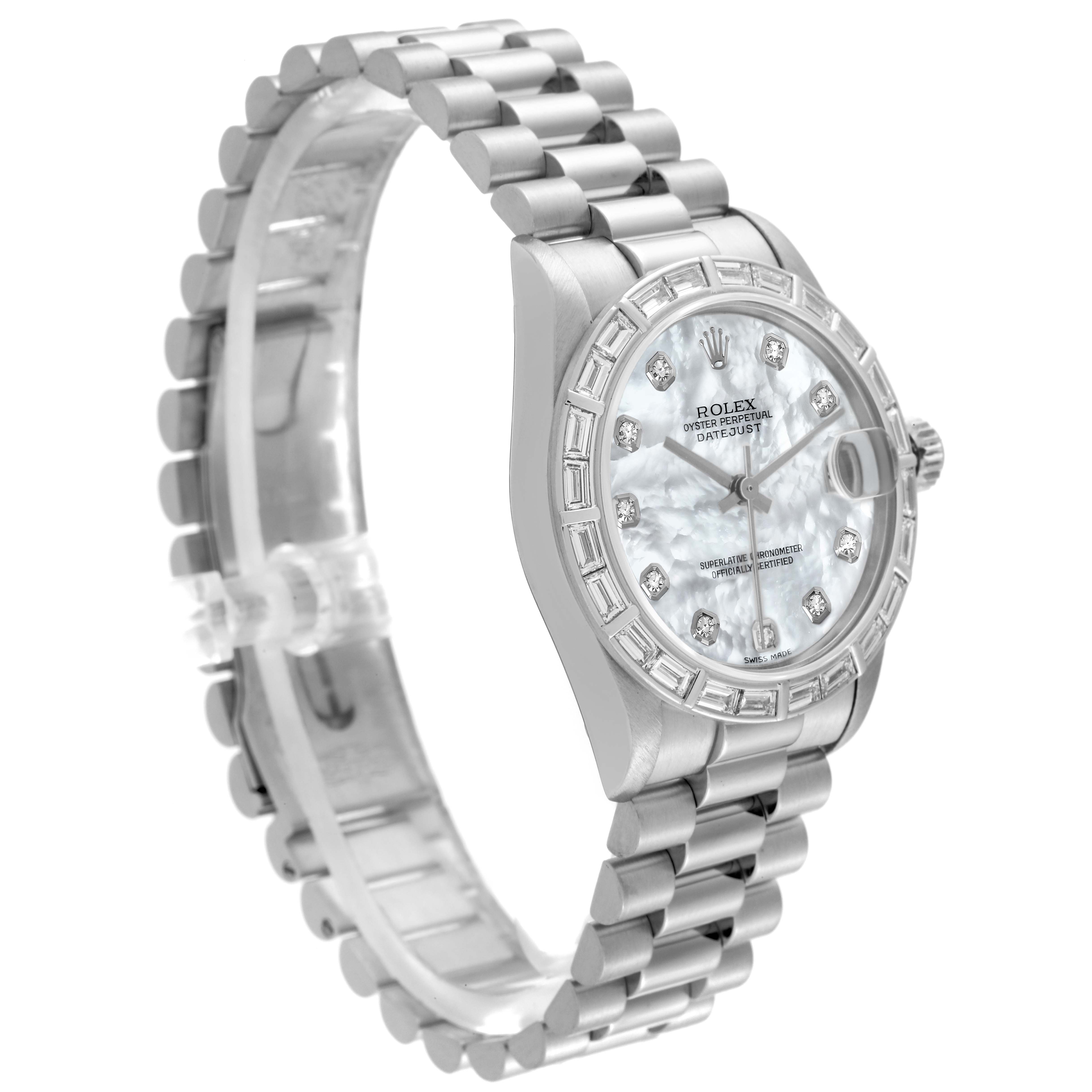 The Rolex President 78266 Women's Platinum Mother of Pearl Dial 78266 Women's Platinum Mother of Pearl Dial model watch is shown at a slight angle displaying the dial, bezel, and bracelet clearly.
