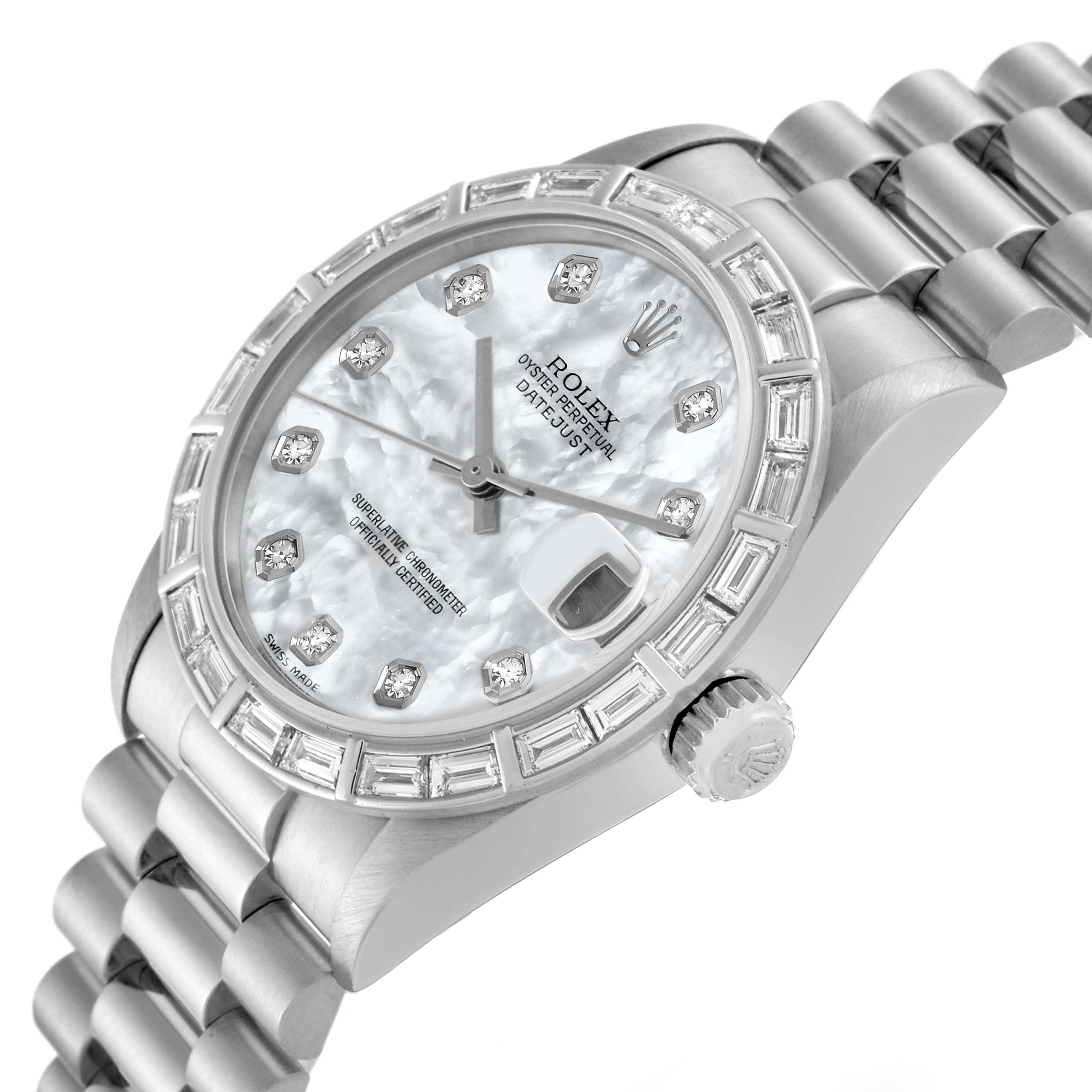 The Rolex President 78266 Women's Platinum Mother of Pearl Dial 78266 Women's Platinum Mother of Pearl Dial watch is shown at a slight angle displaying the face, bezel, and part of the band.