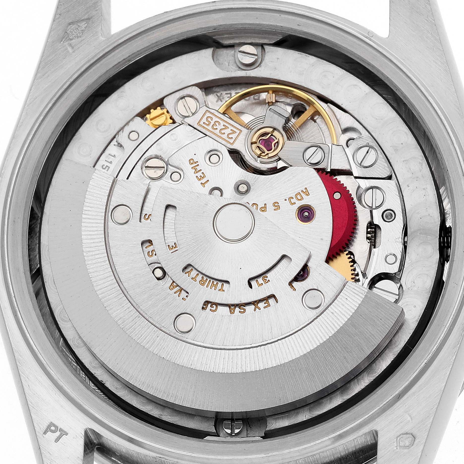 The image shows the movement mechanism of a Rolex President 78266 Women's Platinum Mother of Pearl Dial 78266 Women's Platinum Mother of Pearl Dial watch, viewed from the back.