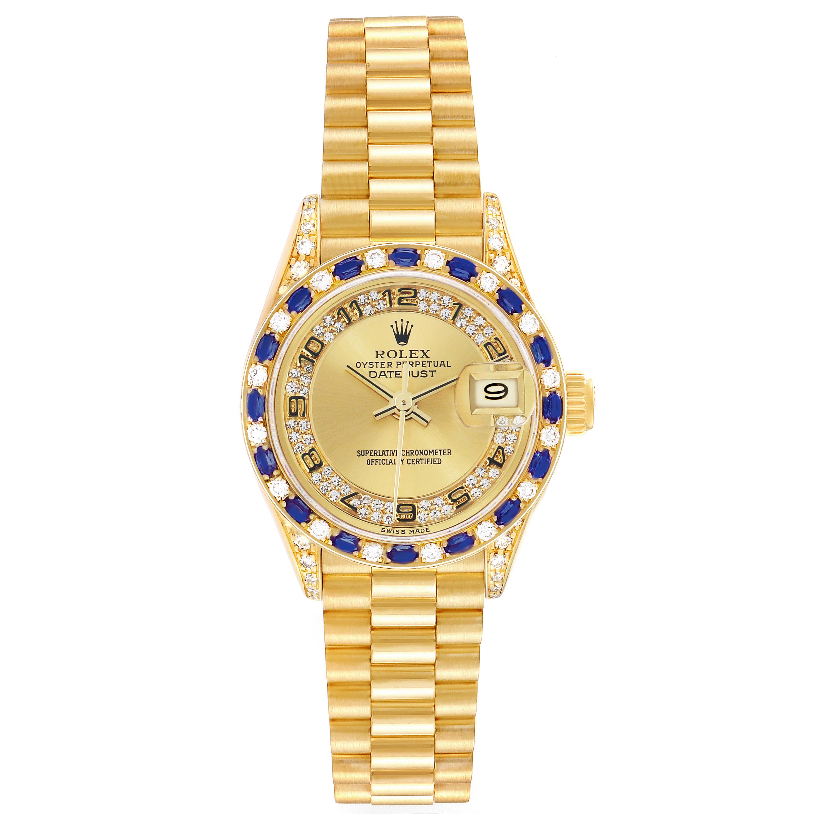 The Rolex President 69198 Women
s Yellow Gold Champagne Dial model is shown from the front, highlighting the gold case, bracelet, diamond and sapphire bezel, and date window.