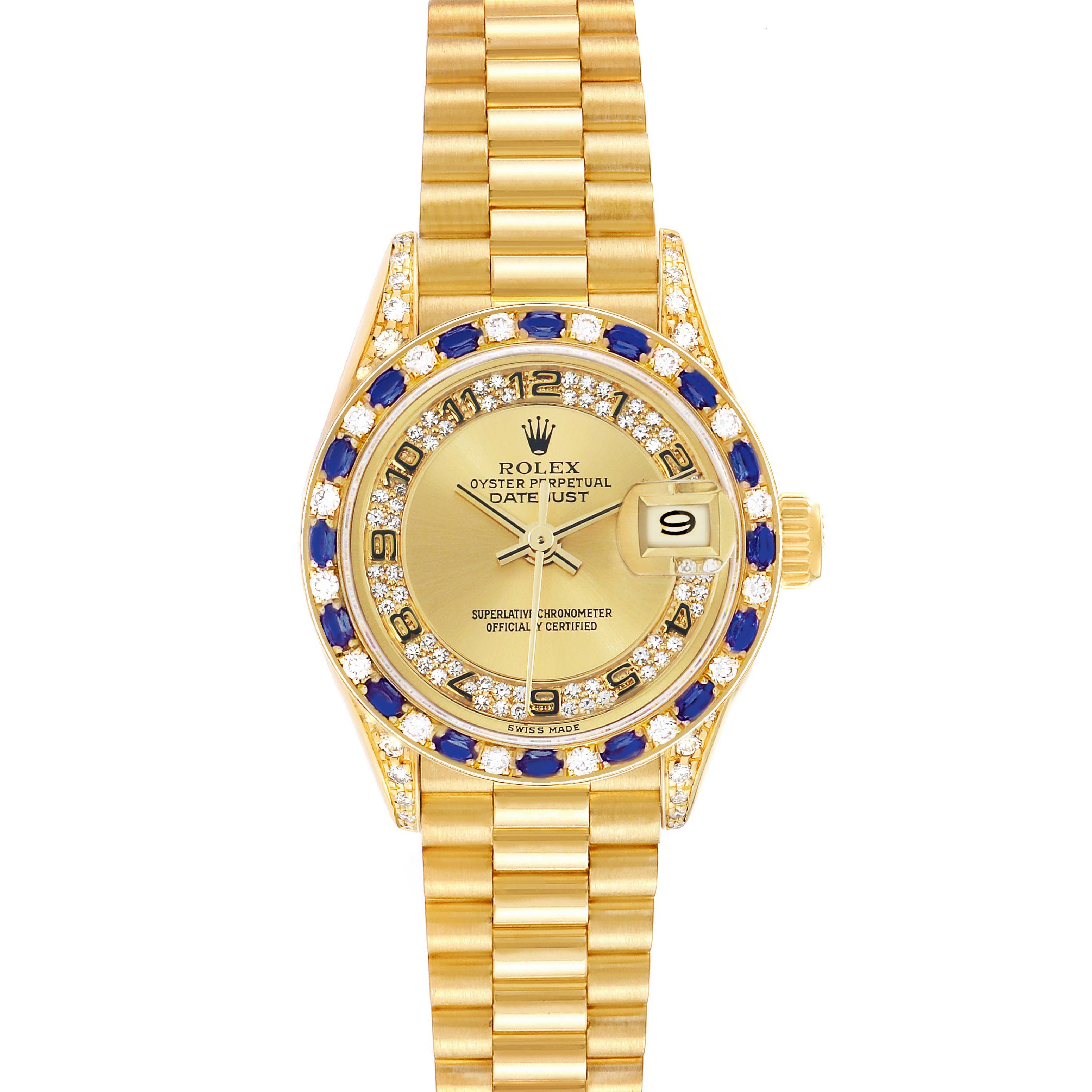 The Rolex President 69198 Women
s Yellow Gold Champagne Dial watch is shown from a top view, displaying the dial, bezel, bracelet, and date window.