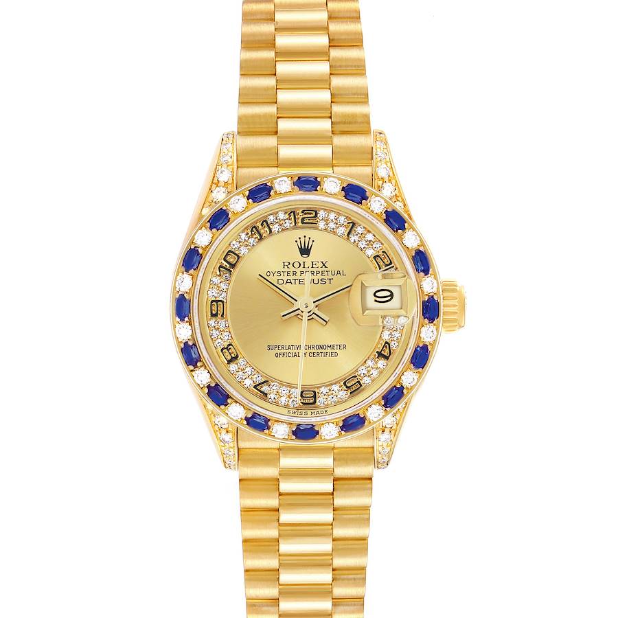 The Rolex President 69198 Women's Yellow Gold Champagne Dial watch is shown from a top view, displaying the dial, bezel, bracelet, and date window.
