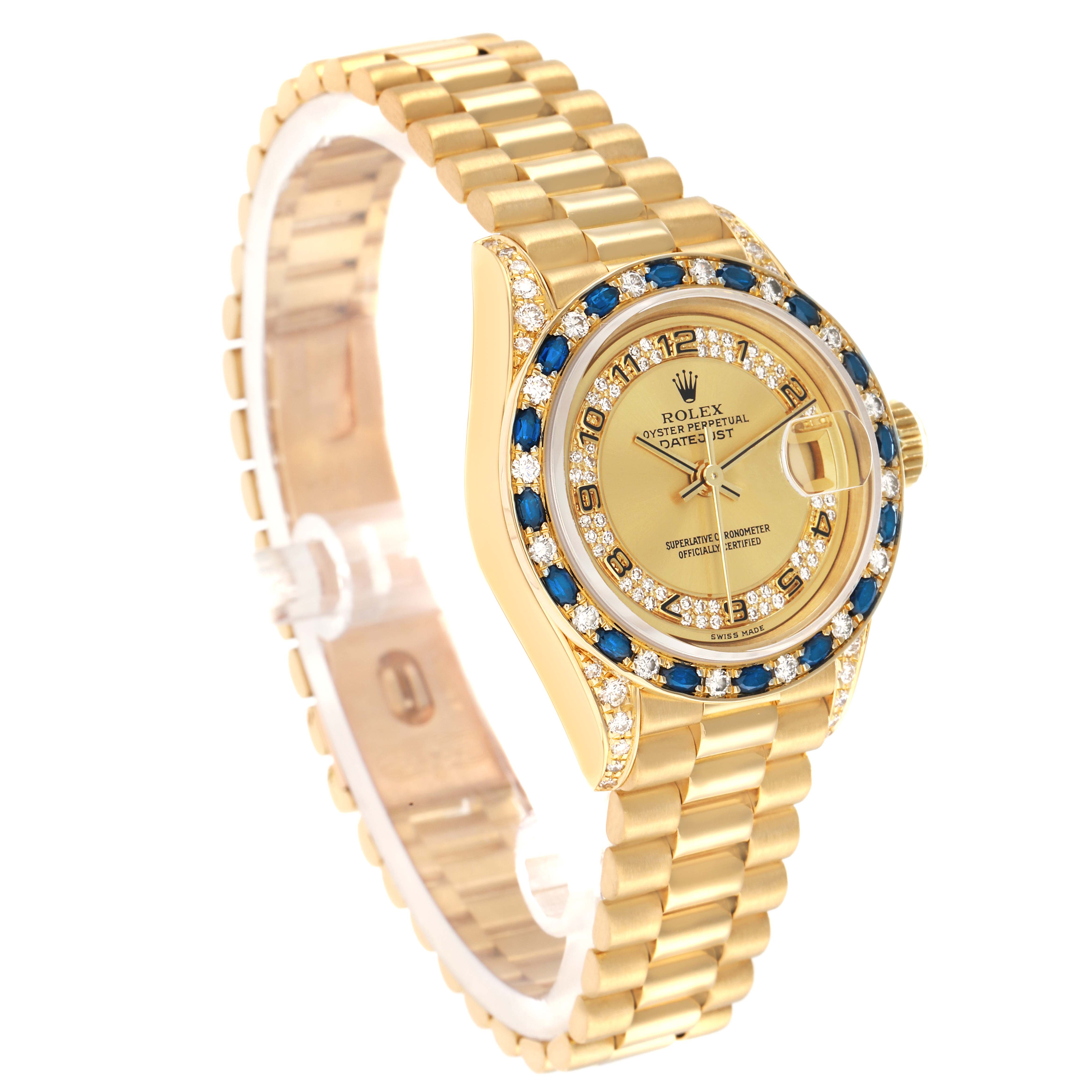The Rolex President 69198 Women
s Yellow Gold Champagne Dial model is shown at a three-quarter angle, highlighting the dial, bezel, and bracelet.