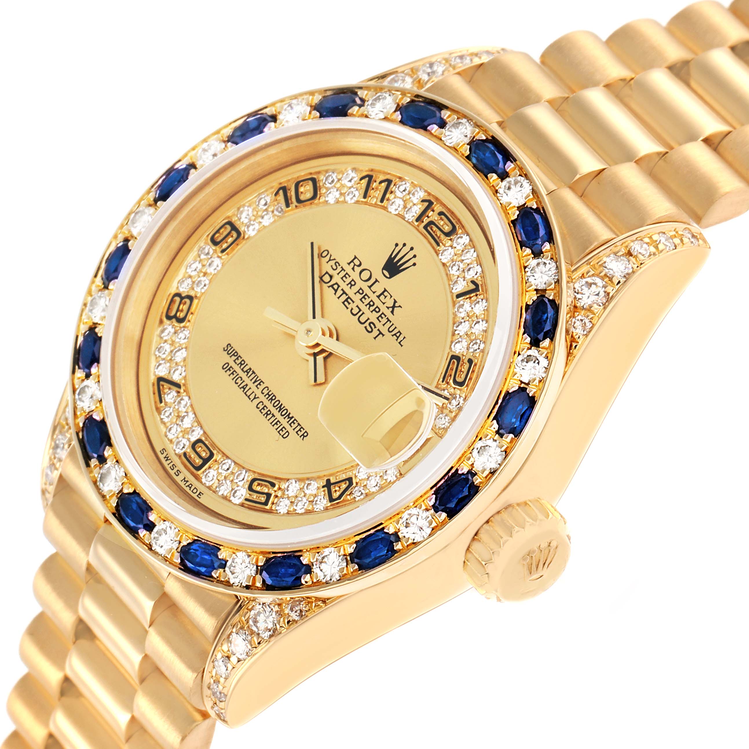 The Rolex President 69198 Women
s Yellow Gold Champagne Dial watch is shown at an angle highlighting the dial, bezel with gems, and crown.