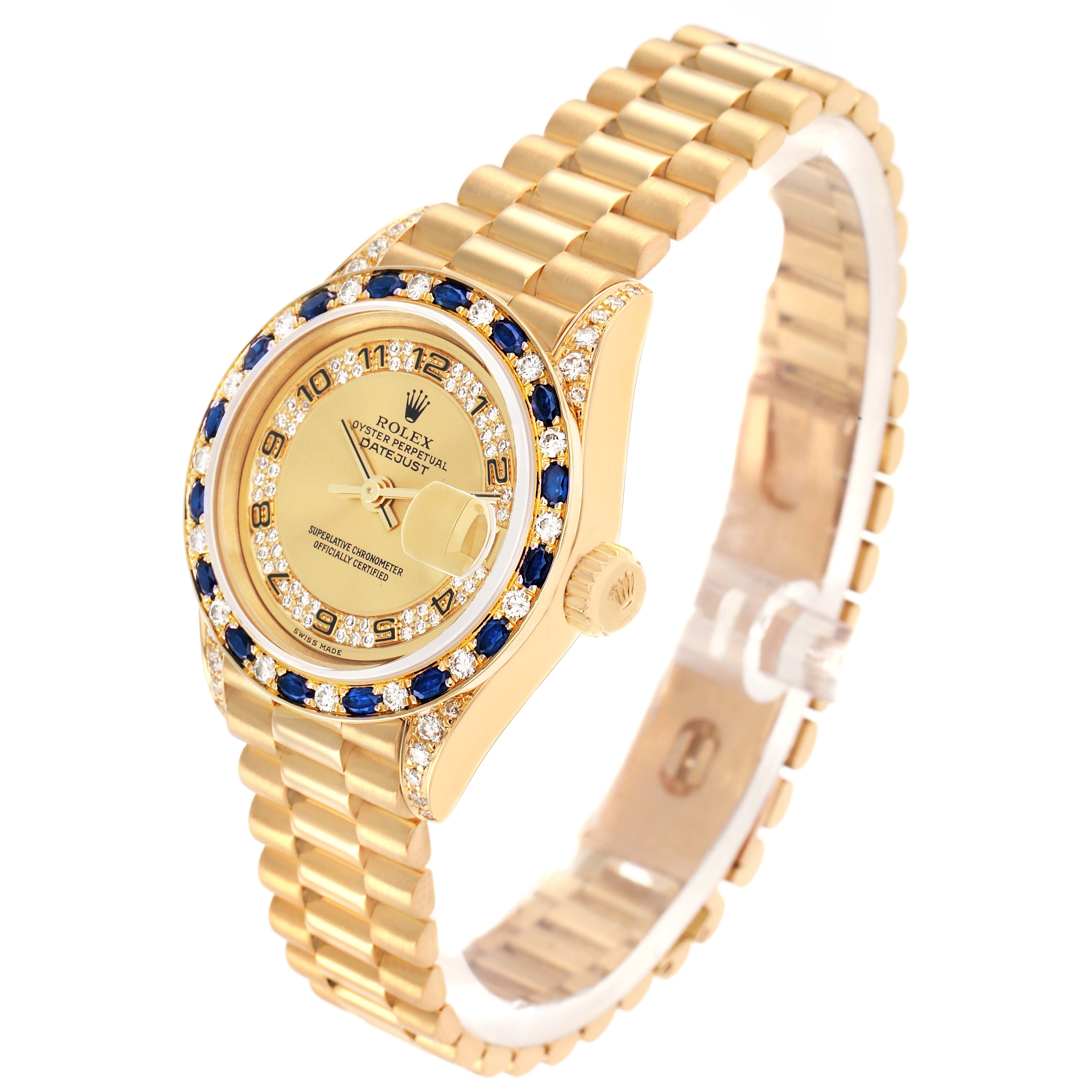 The Rolex President 69198 Women
s Yellow Gold Champagne Dial model watch is shown at a three-quarter angle, highlighting the face, bezel, crown, and gold bracelet.