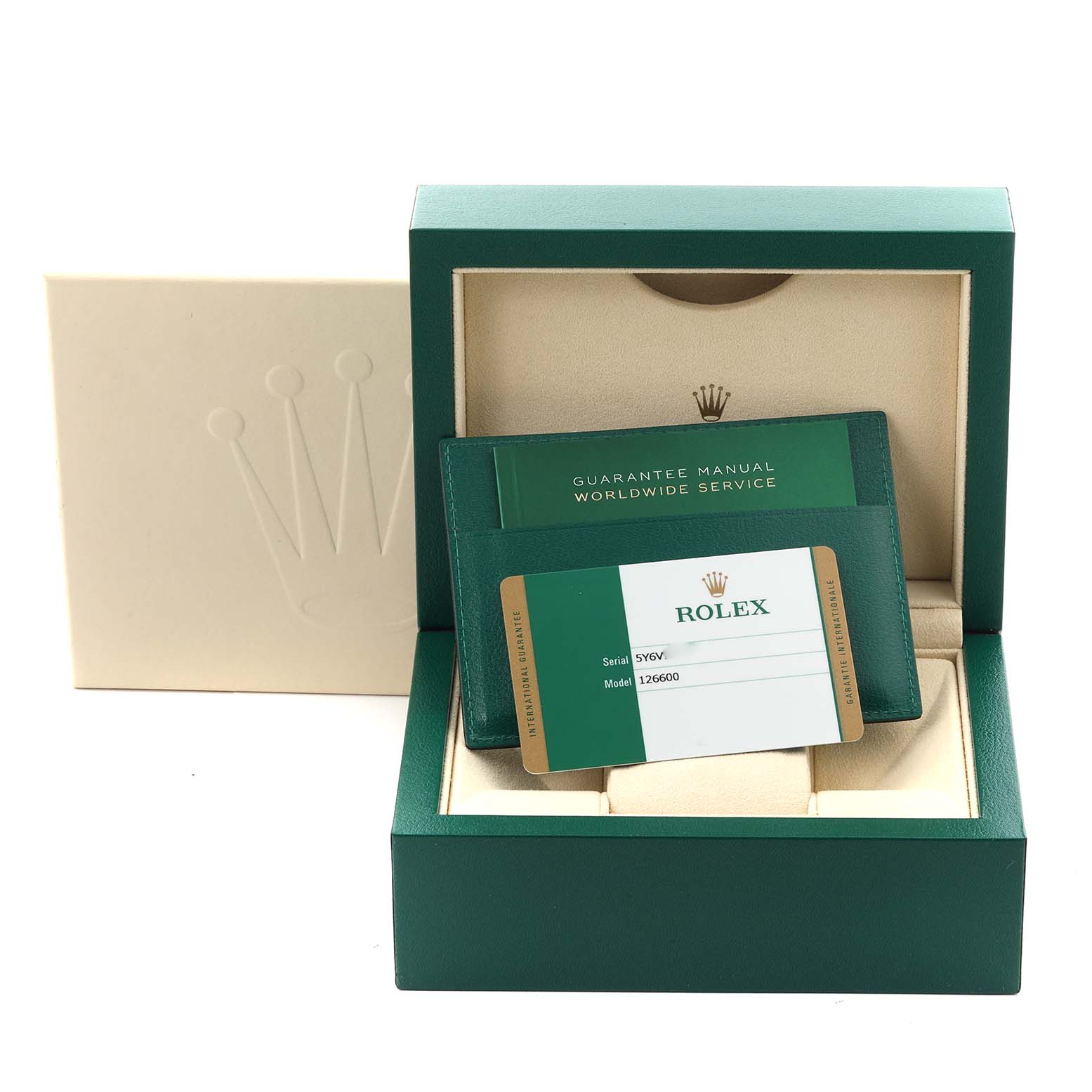 The image shows a Rolex Sea-Dweller 126600 Men's Stainless Steel Black Dial 126600 Men's Stainless Steel Black Dial box with warranty cards and a manual, viewed from the front.