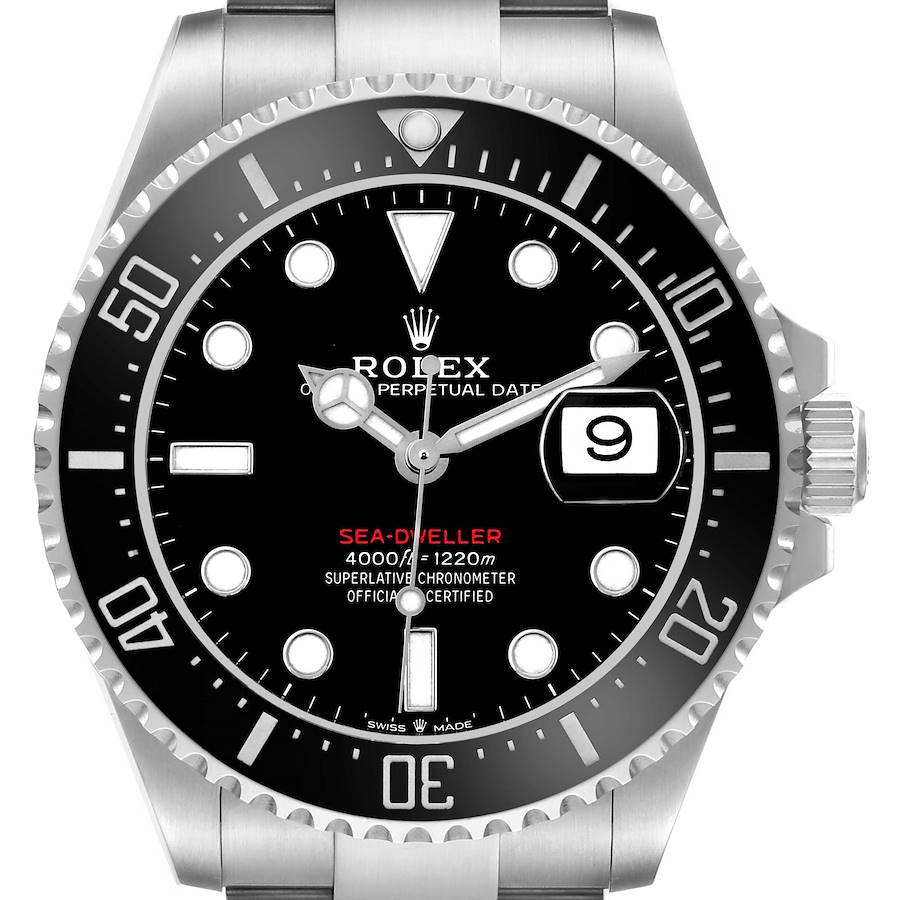 The Rolex Sea-Dweller watch is shown from a front angle, highlighting the dial, bezel, and part of the bracelet.