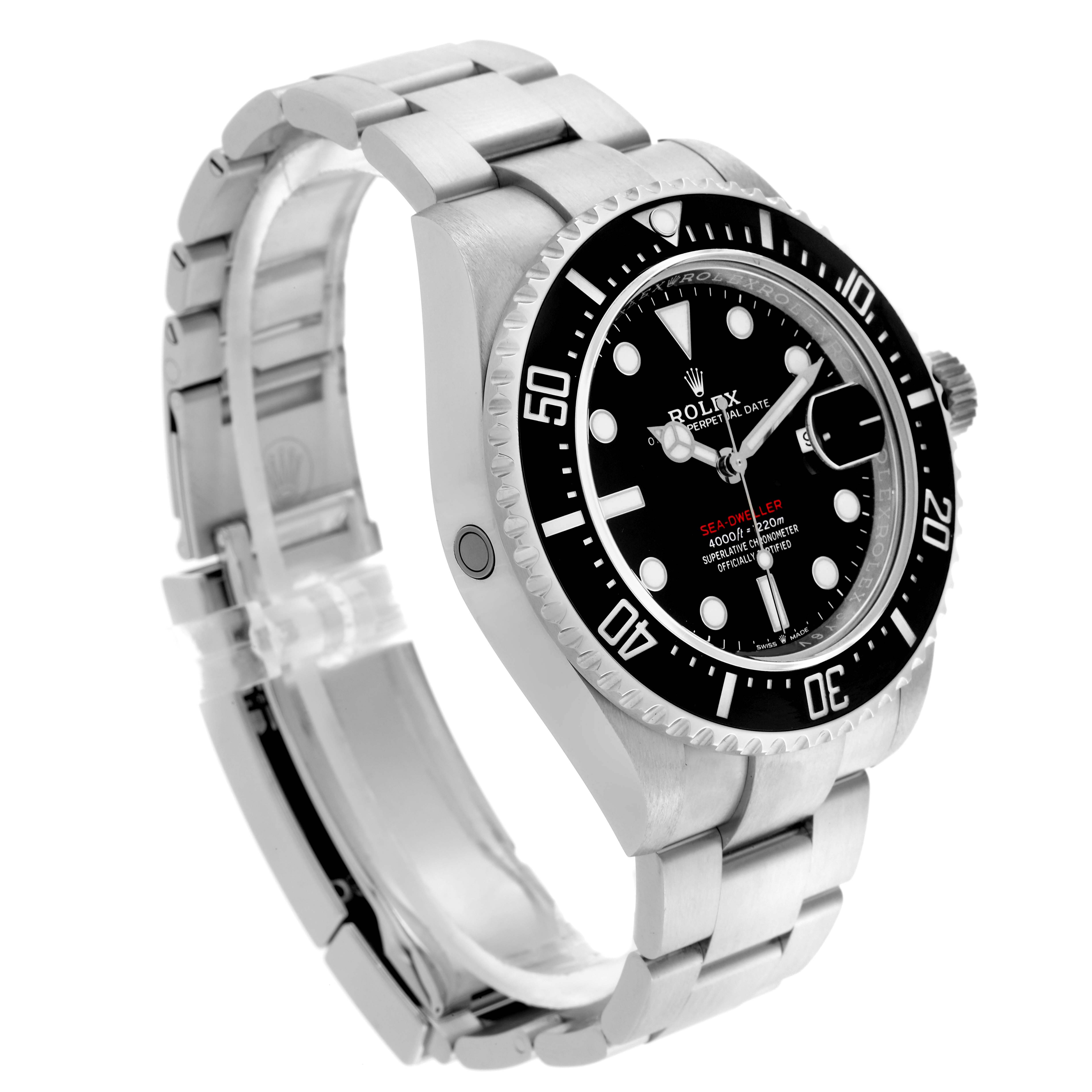 The image shows a side angle of the Rolex Sea-Dweller 126600 Men's Stainless Steel Black Dial 126600 Men's Stainless Steel Black Dial watch, highlighting the bezel, dial, crown, and bracelet.