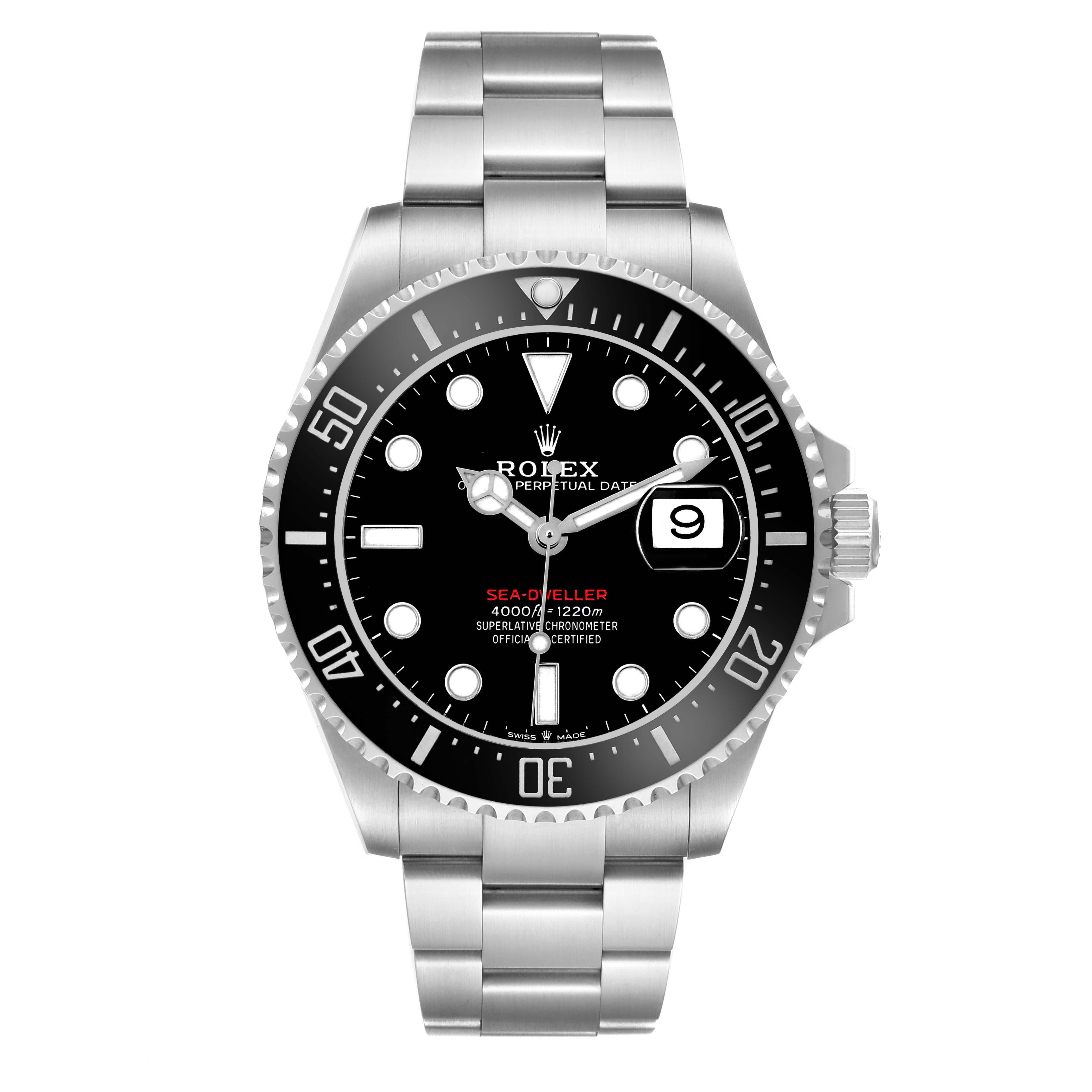 The Rolex Sea-Dweller 126600 Men's Stainless Steel Black Dial 126600 Men's Stainless Steel Black Dial watch is shown from a front angle, displaying its dial, bezel, and bracelet.