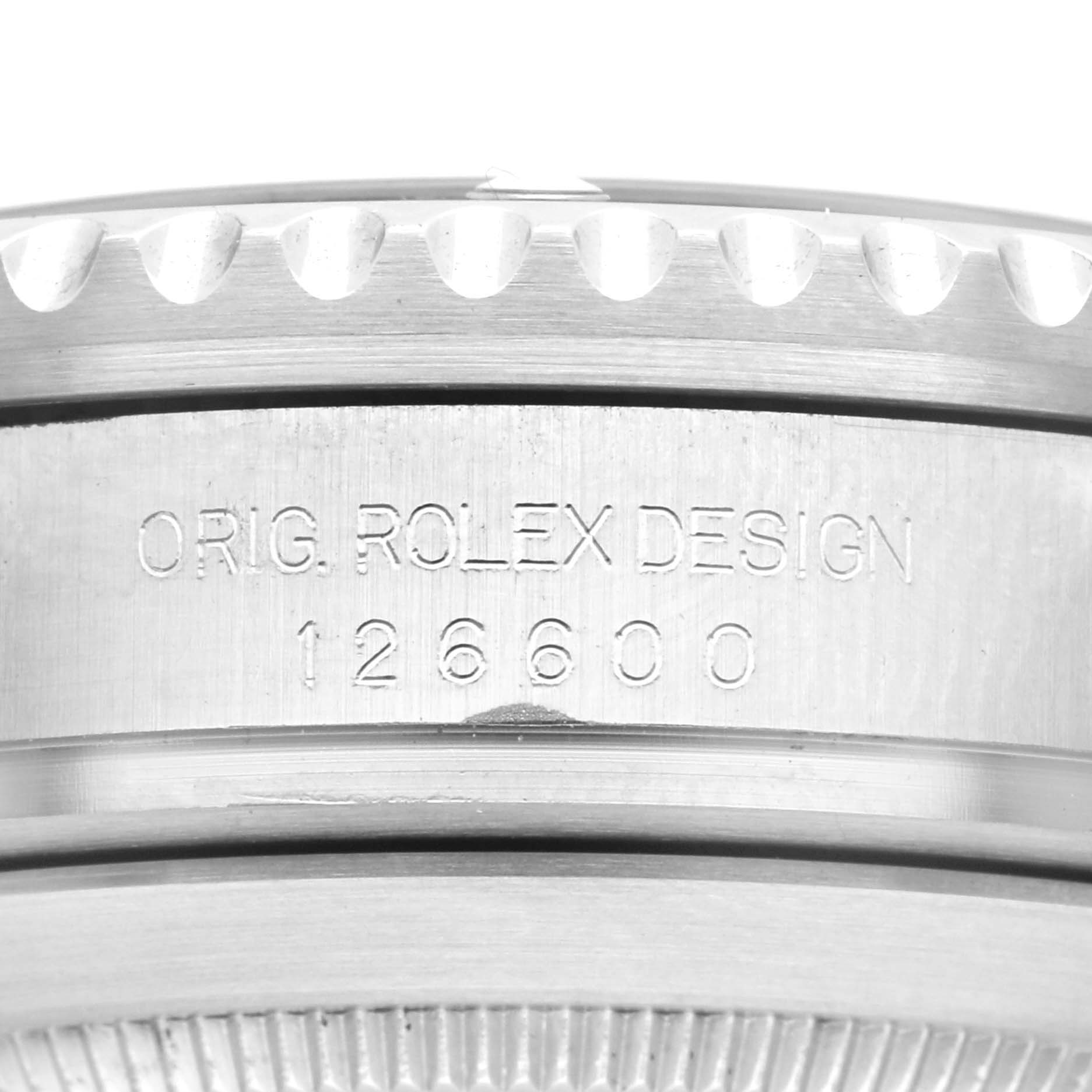 The image shows a close-up of the watch case side of a Rolex Sea-Dweller 126600 Men's Stainless Steel Black Dial 126600 Men's Stainless Steel Black Dial, highlighting the model number and design engraving.