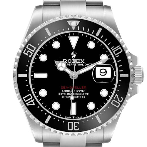 The Rolex Sea-Dweller watch is shown from the front, displaying the dial, bezel, and crown.