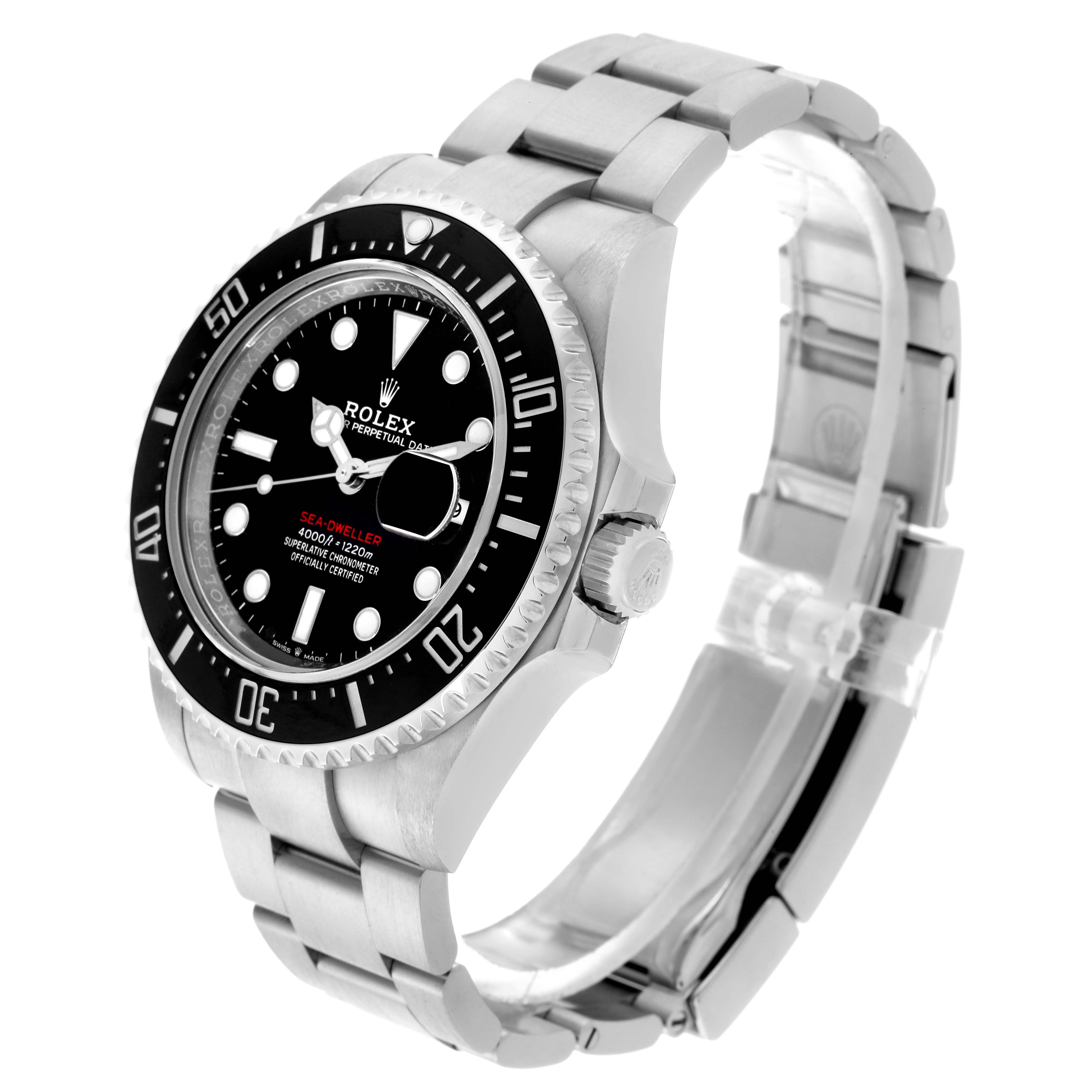 The Rolex Sea-Dweller 126600 Men's Stainless Steel Black Dial 126600 Men's Stainless Steel Black Dial watch is shown at a three-quarter angle, featuring the face, bezel, crown, and part of the metal bracelet.