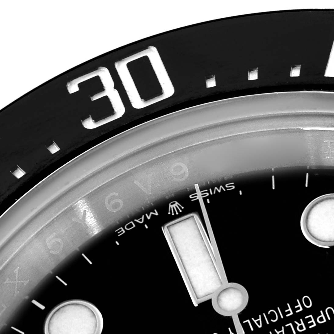 The image shows a close-up of the bezel and dial of the Rolex Sea-Dweller 126600 Men's Stainless Steel Black Dial 126600 Men's Stainless Steel Black Dial, featuring the "30" minute marking and part of the watch face.