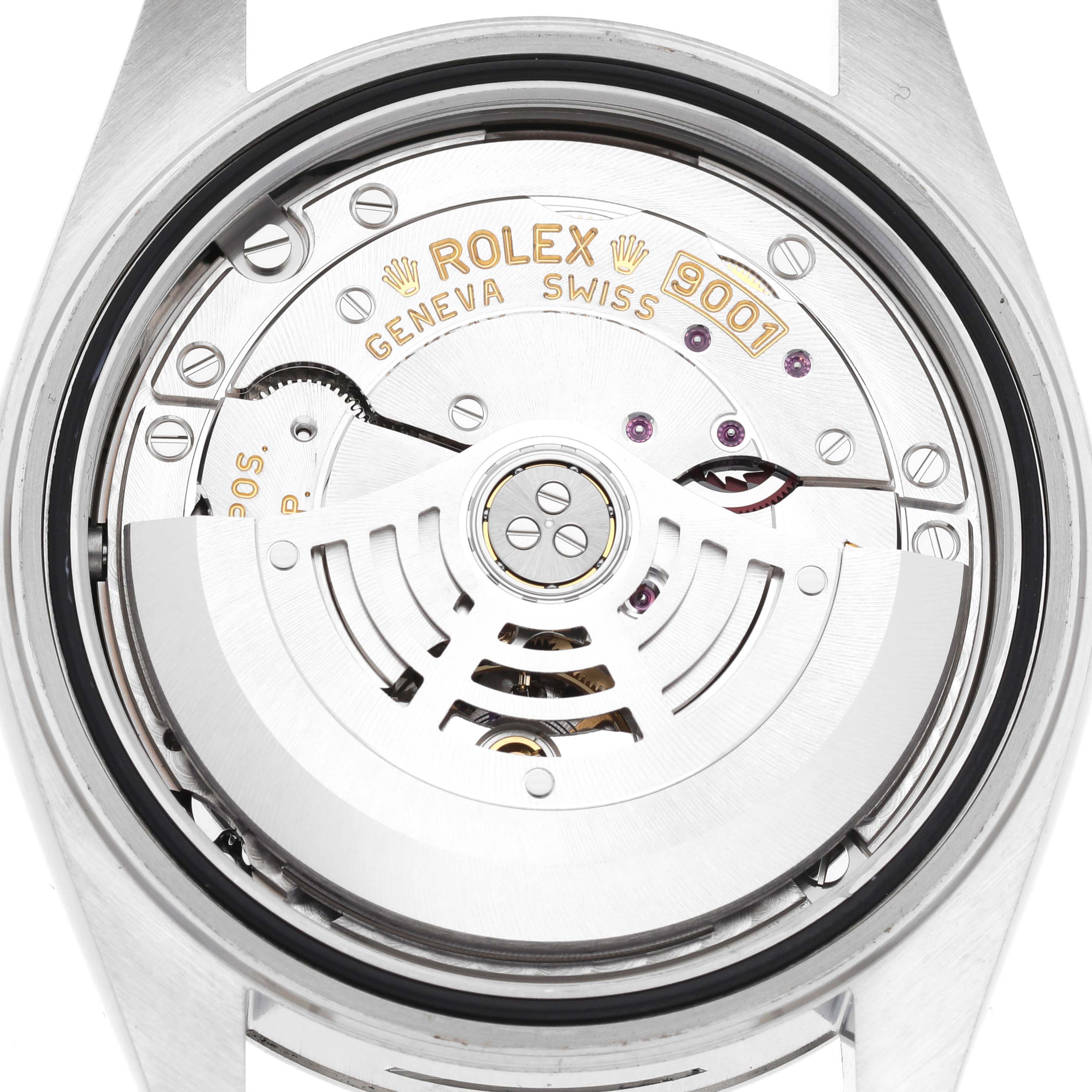 The image shows the back view of a Rolex Sky-Dweller 326934 Men's Stainless Steel Blue Dial 326934 Men's Stainless Steel Blue Dial watch, revealing the movement and rotor.