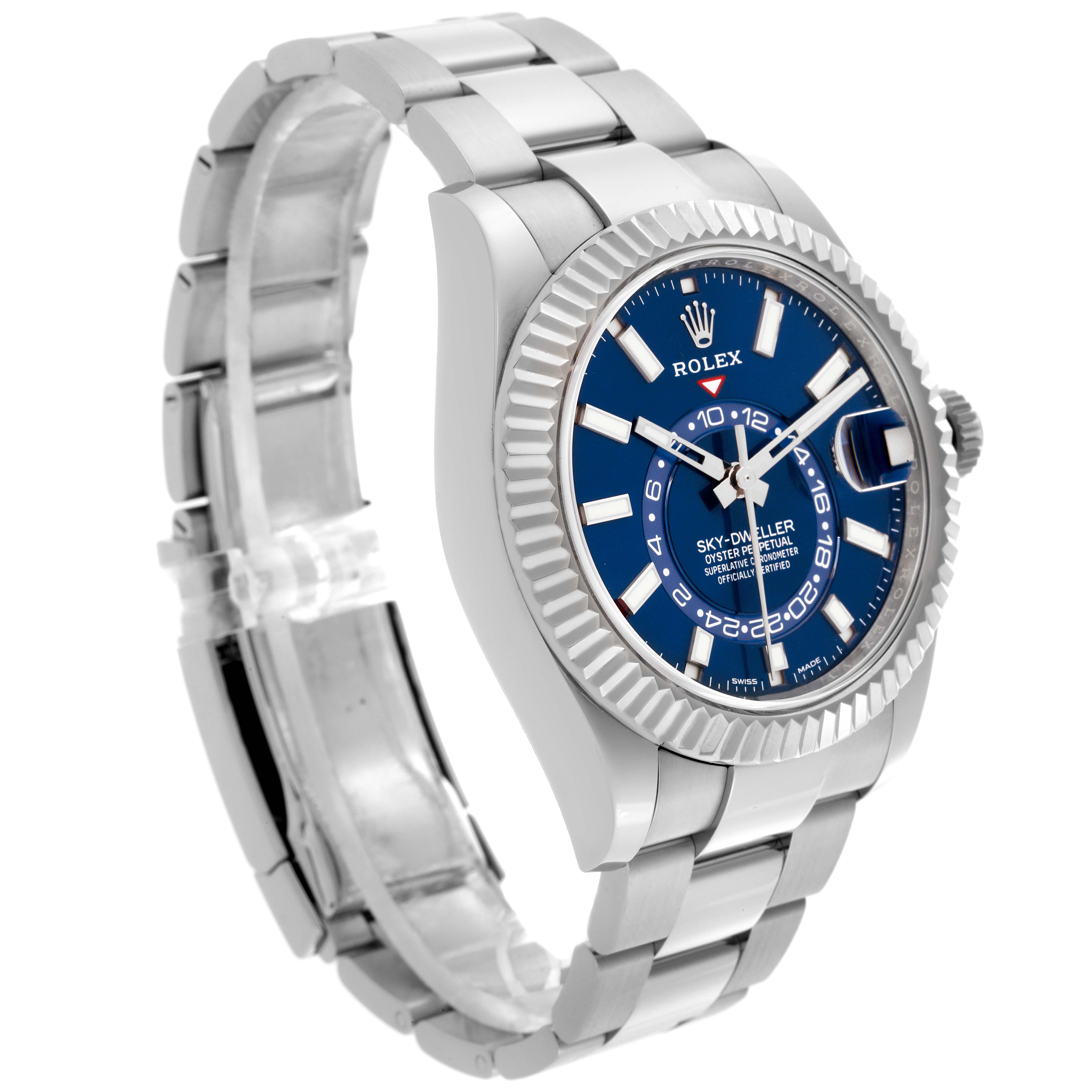The Rolex Sky-Dweller 326934 Men's Stainless Steel Blue Dial 326934 Men's Stainless Steel Blue Dial is shown at a side angle, highlighting the face, bezel, crown, and bracelet.