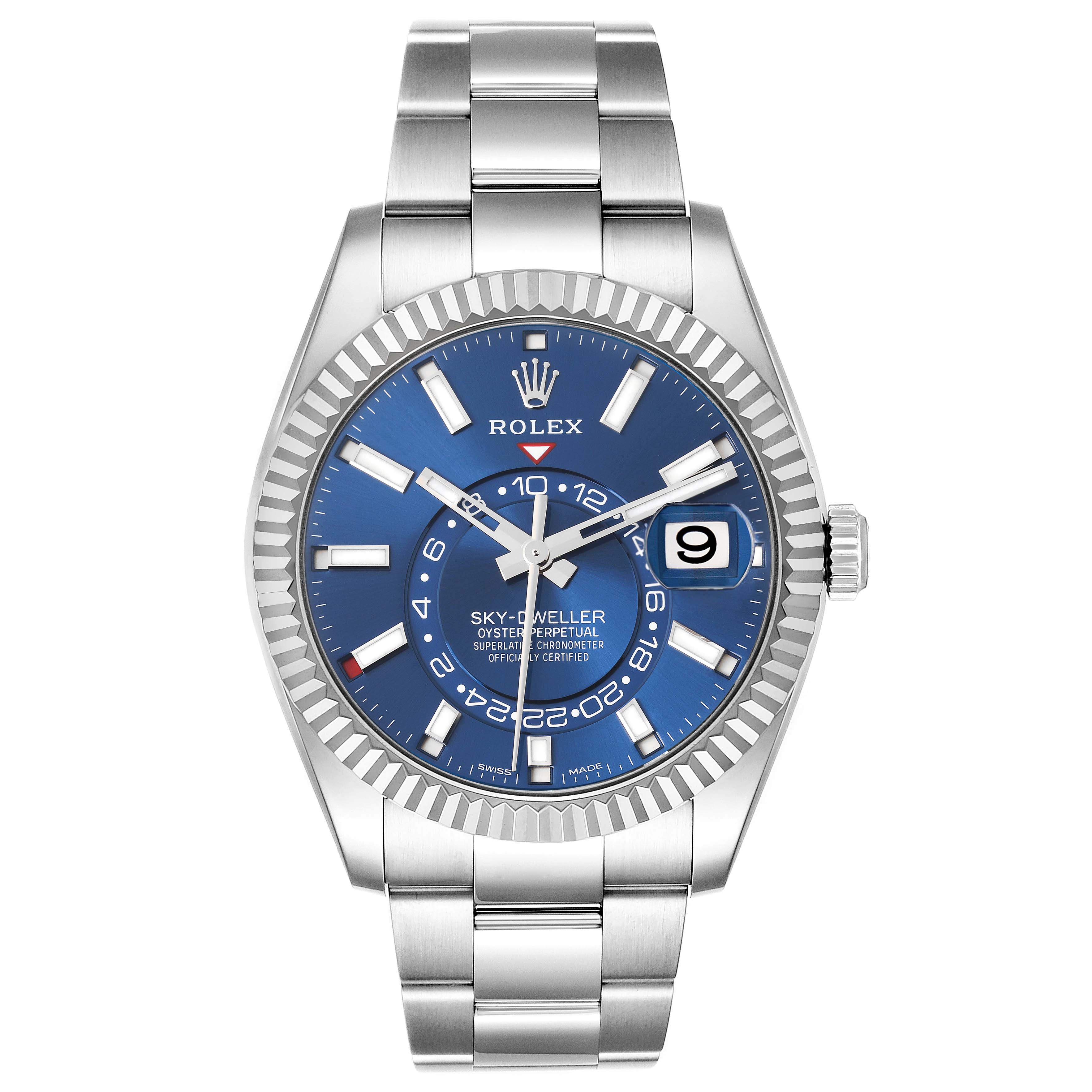 The Rolex Sky-Dweller 326934 Men's Stainless Steel Blue Dial 326934 Men's Stainless Steel Blue Dial watch is shown from the front, highlighting the blue dial, bezel, and bracelet.