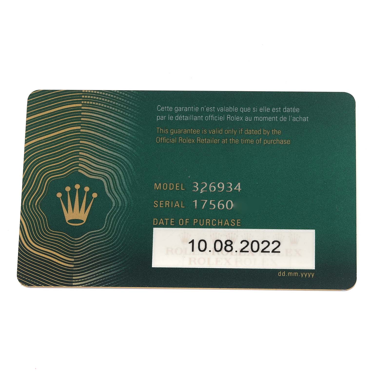 The image shows a Rolex Sky-Dweller 326934 Men's Stainless Steel Blue Dial 326934 Men's Stainless Steel Blue Dial warranty card featuring model and serial numbers.