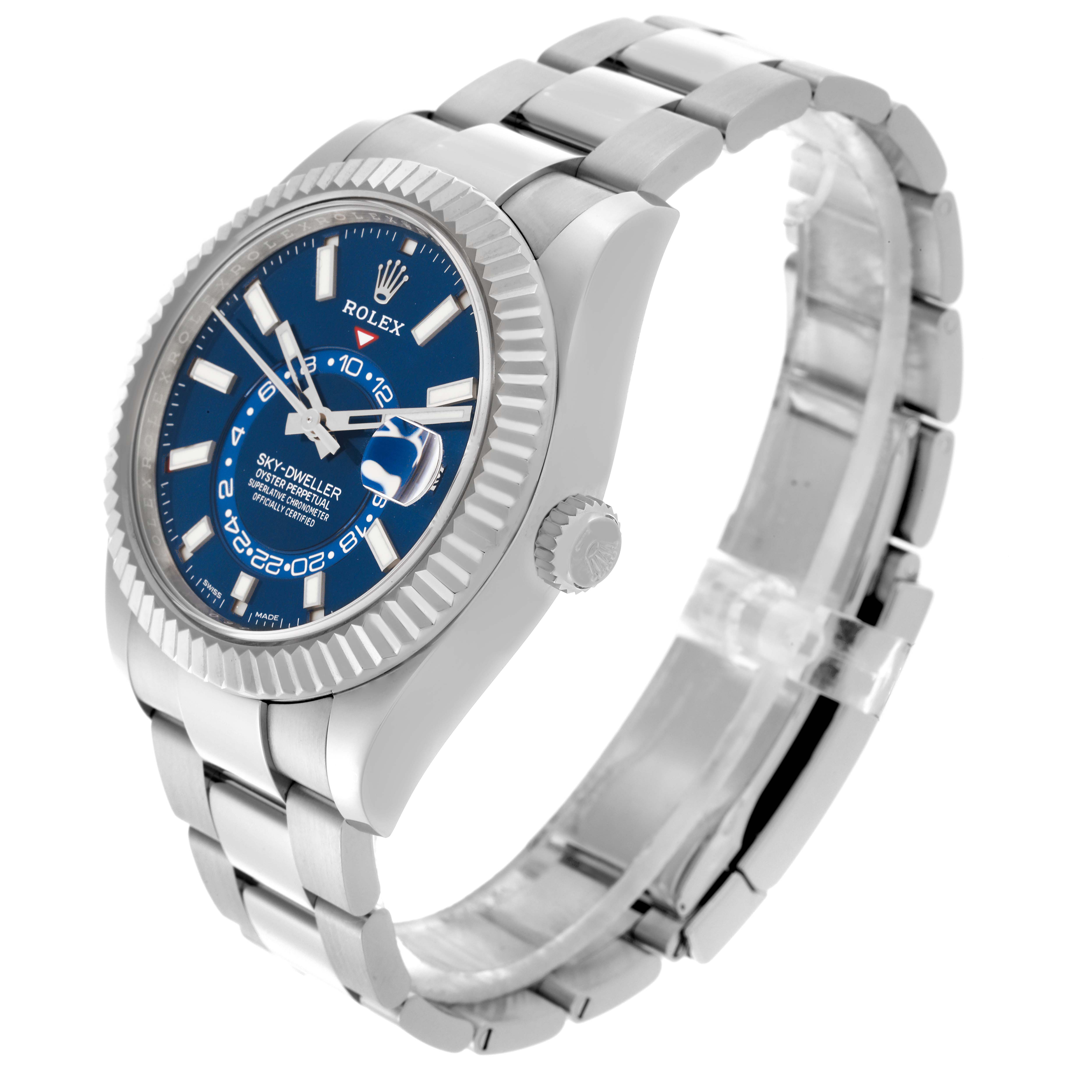 The image shows a Rolex Sky-Dweller 326934 Men's Stainless Steel Blue Dial 326934 Men's Stainless Steel Blue Dial watch at a three-quarter angle, displaying the dial, bezel, crown, and part of the bracelet.