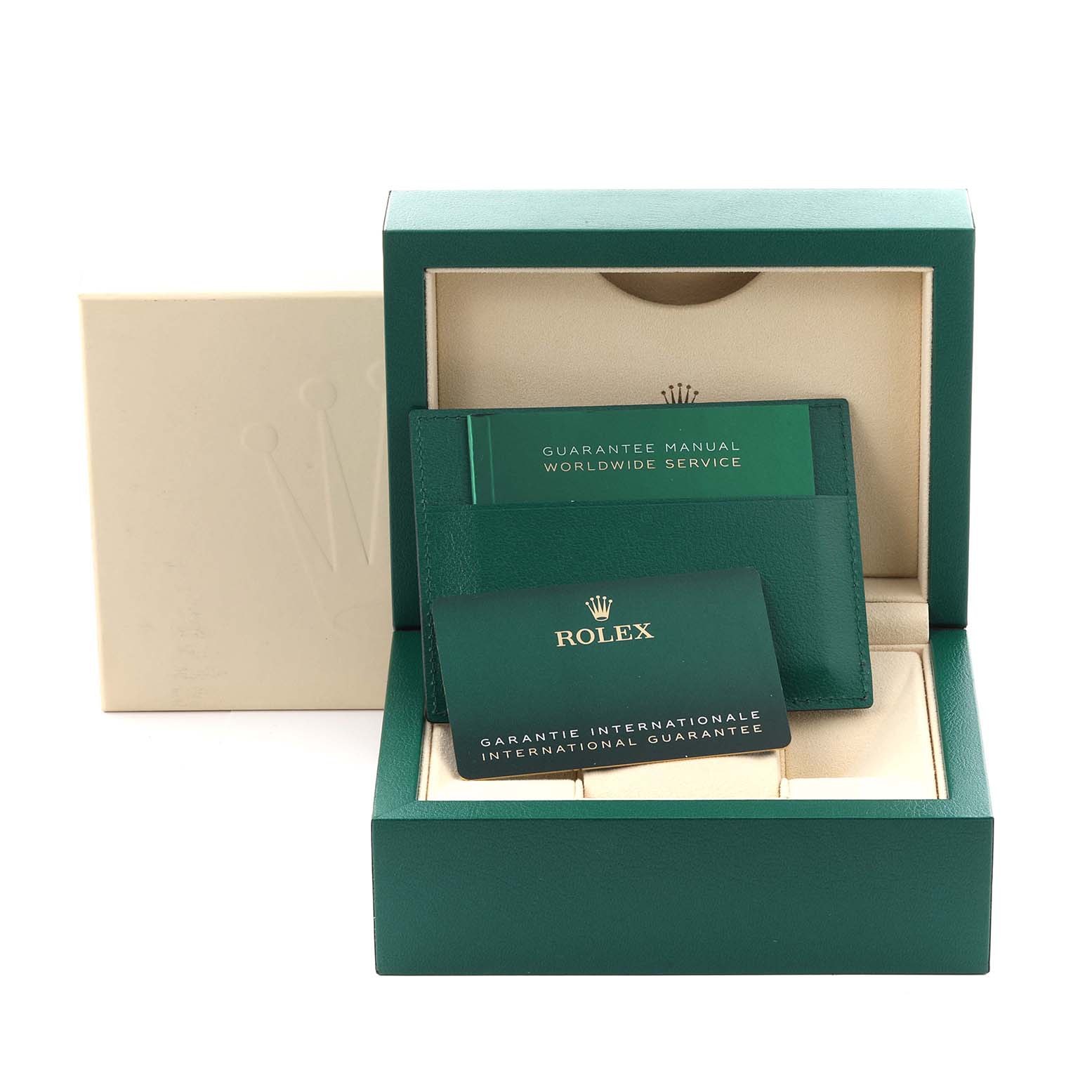 The image shows the packaging and documents for a Rolex Sky-Dweller 326934 Men's Stainless Steel Blue Dial 326934 Men's Stainless Steel Blue Dial watch, including a guarantee manual and warranty card.