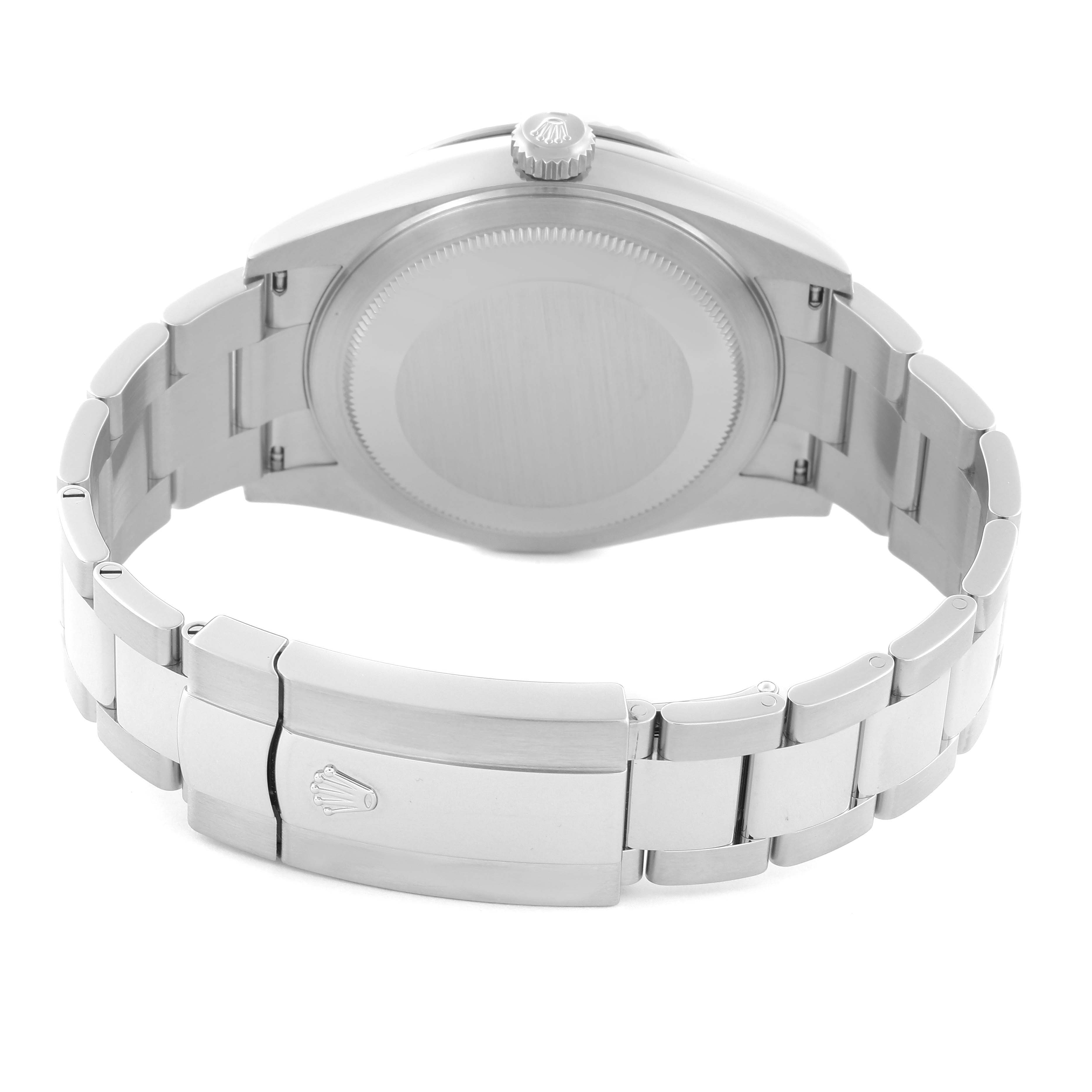 The image shows the back case and bracelet of a Rolex Sky-Dweller 326934 Men's Stainless Steel Blue Dial 326934 Men's Stainless Steel Blue Dial, emphasizing the clasp and links.