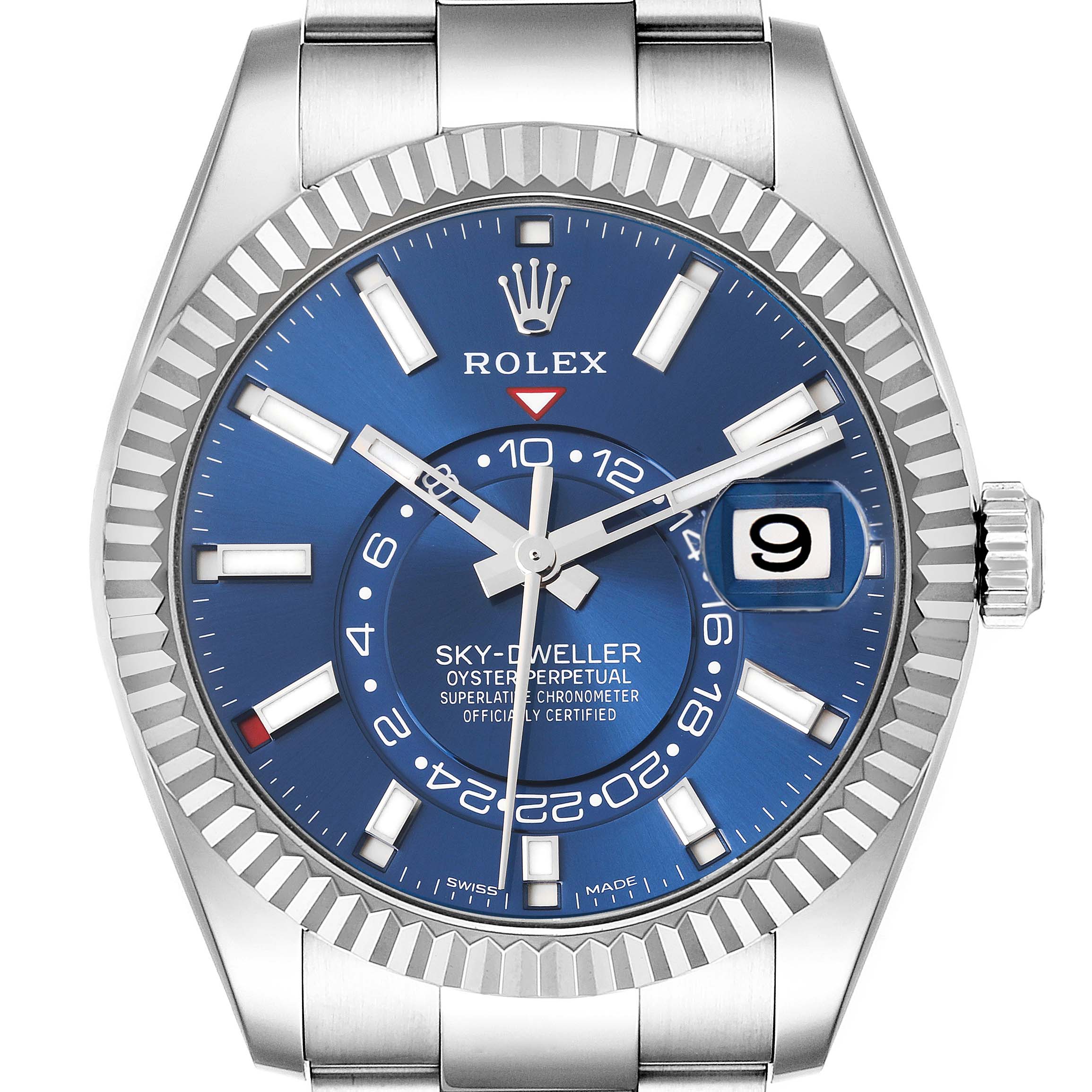 The Rolex Sky-Dweller 326934 Men's Stainless Steel Blue Dial 326934 Men's Stainless Steel Blue Dial watch is shown from the front, displaying the blue dial, date window, and fluted bezel.
