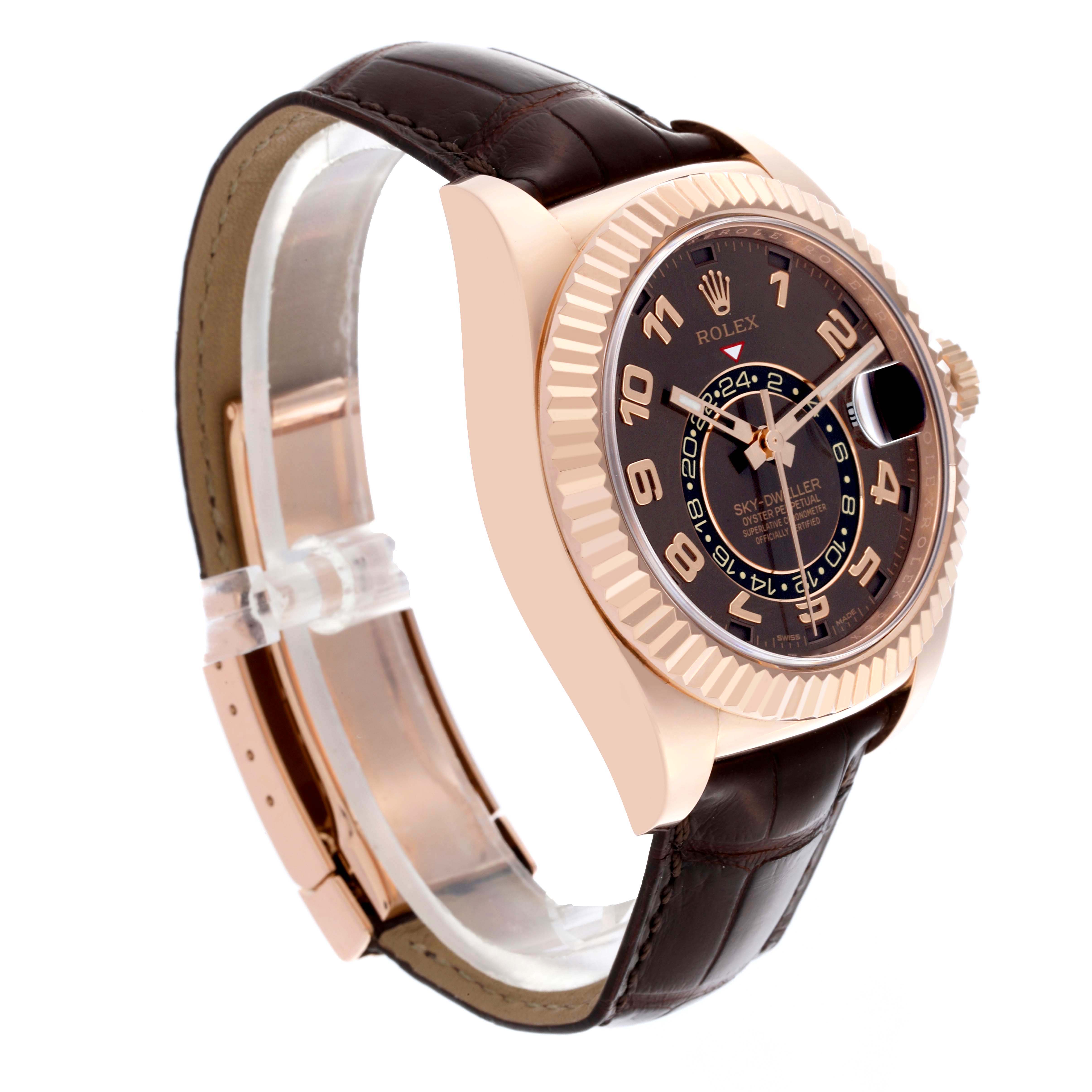 The Rolex Sky-Dweller 326135 Men
s Rose Gold Brown Dial 326135 Men
s Rose Gold Brown Dial is shown at a slight angle, highlighting the face, bezel, crown, and leather strap.