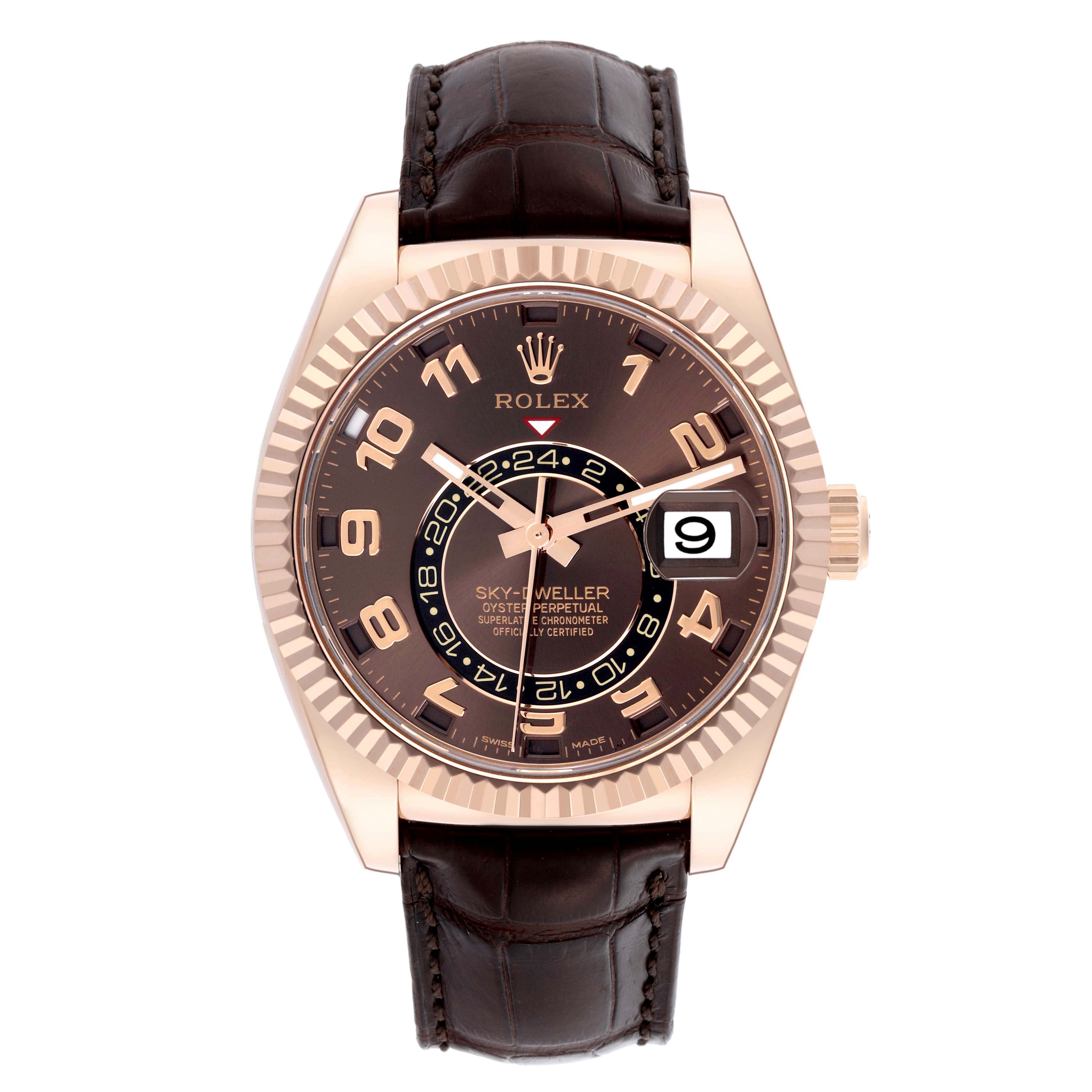 The Rolex Sky-Dweller 326135 Men
s Rose Gold Brown Dial 326135 Men
s Rose Gold Brown Dial is shown from a front angle, highlighting its dial, bezel, and leather strap.