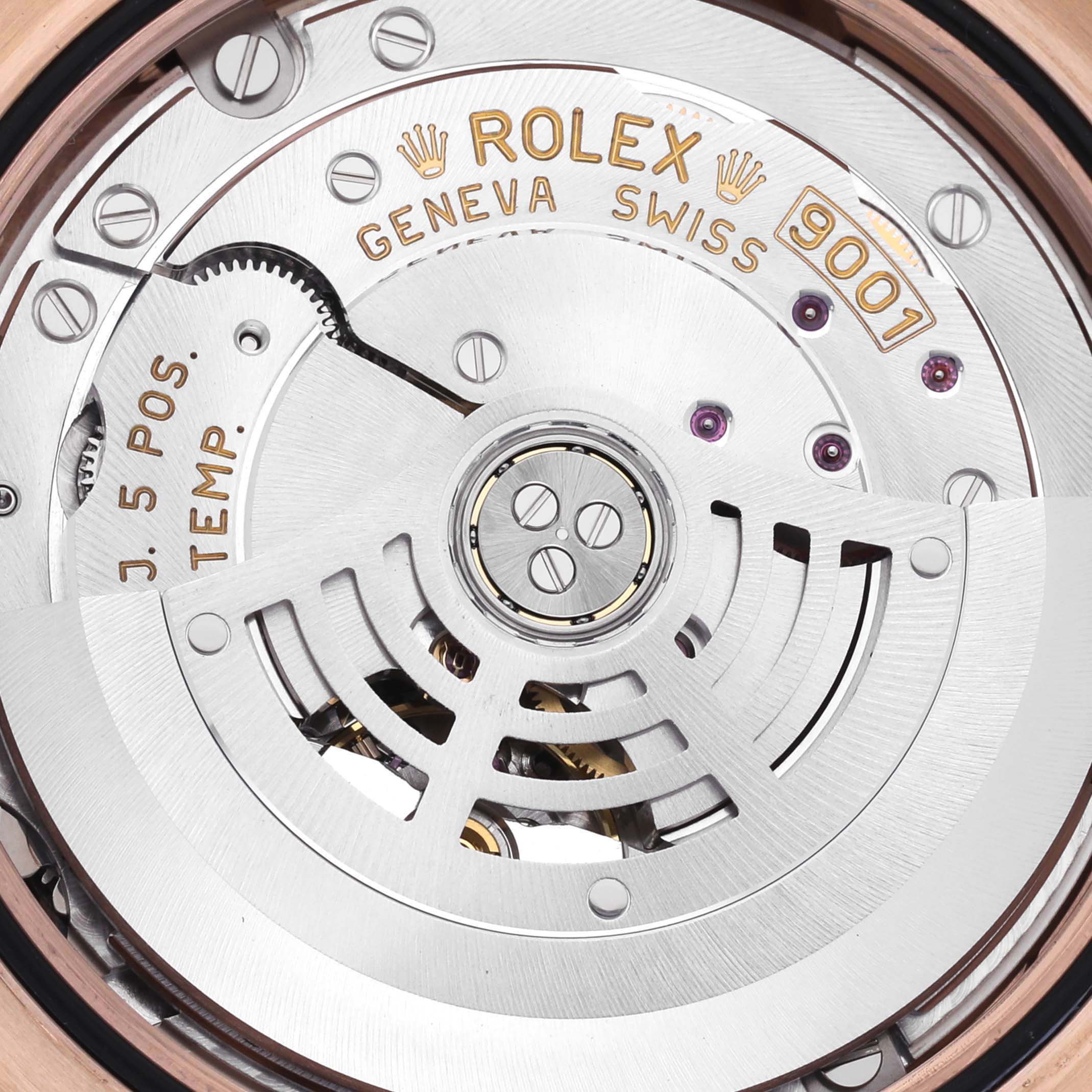 This image shows the intricate movement of a Rolex Sky-Dweller 326135 Men
s Rose Gold Brown Dial 326135 Men
s Rose Gold Brown Dial, highlighting the rotor and engravings at a close-up angle.