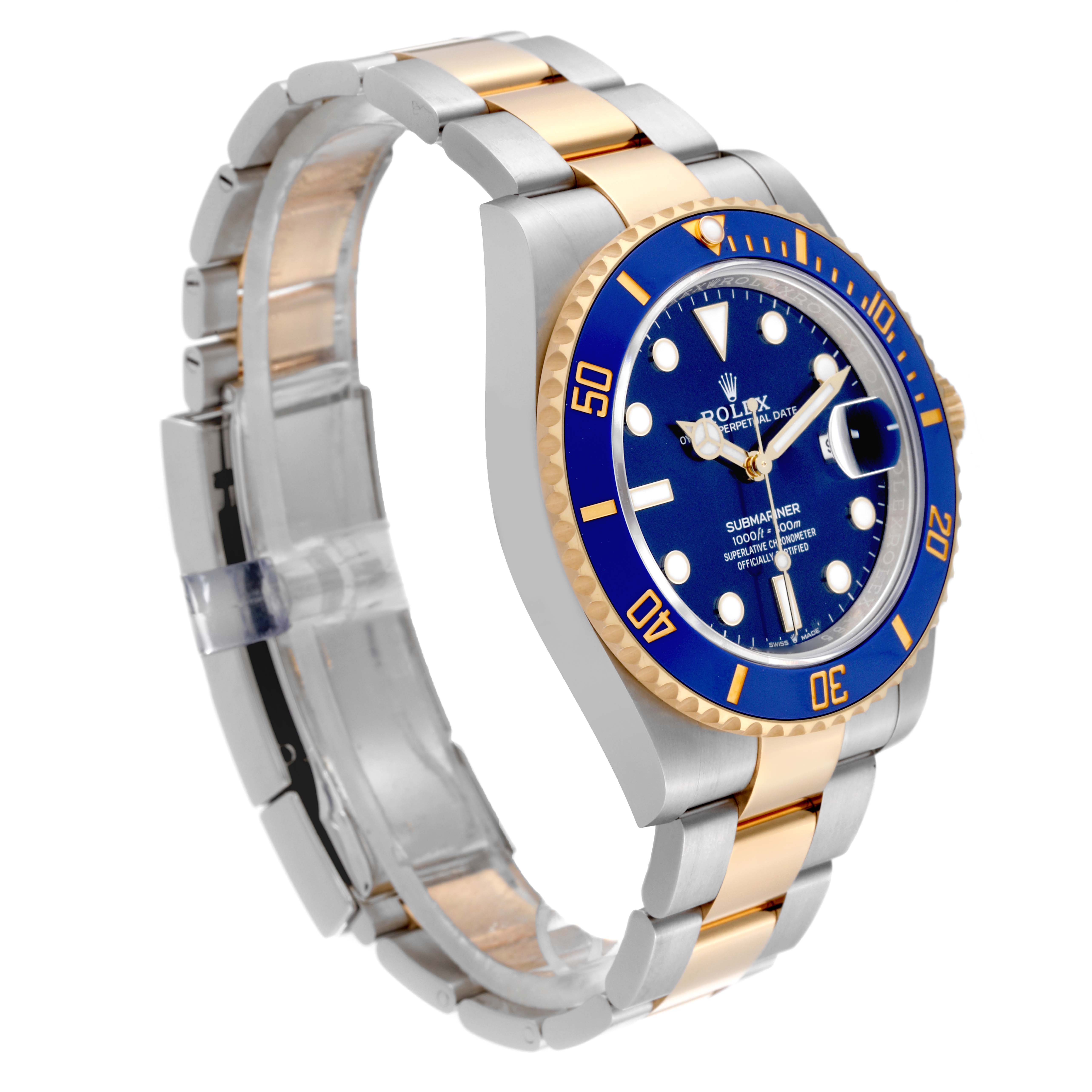 The Rolex Submariner 126613 Men's Steel and Gold (two tone) Blue Dial 126613 Men's Steel and Gold (two tone) Blue Dial is shown from a front-left angle, displaying the dial, bezel, and two-tone bracelet.