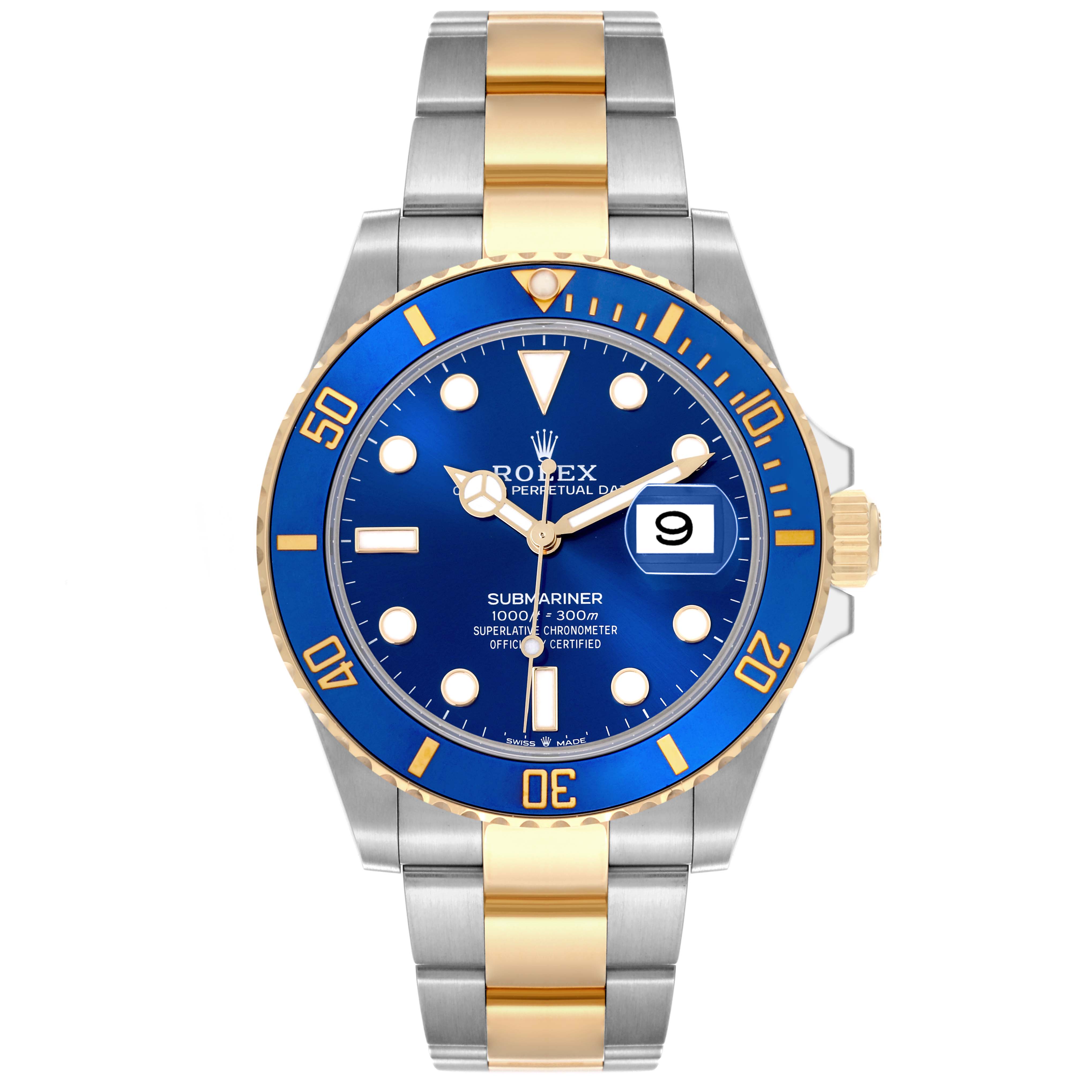 The Rolex Submariner 126613 Men's Steel and Gold (two tone) Blue Dial 126613 Men's Steel and Gold (two tone) Blue Dial watch is shown from a front angle, highlighting the dial, bezel, and bracelet.