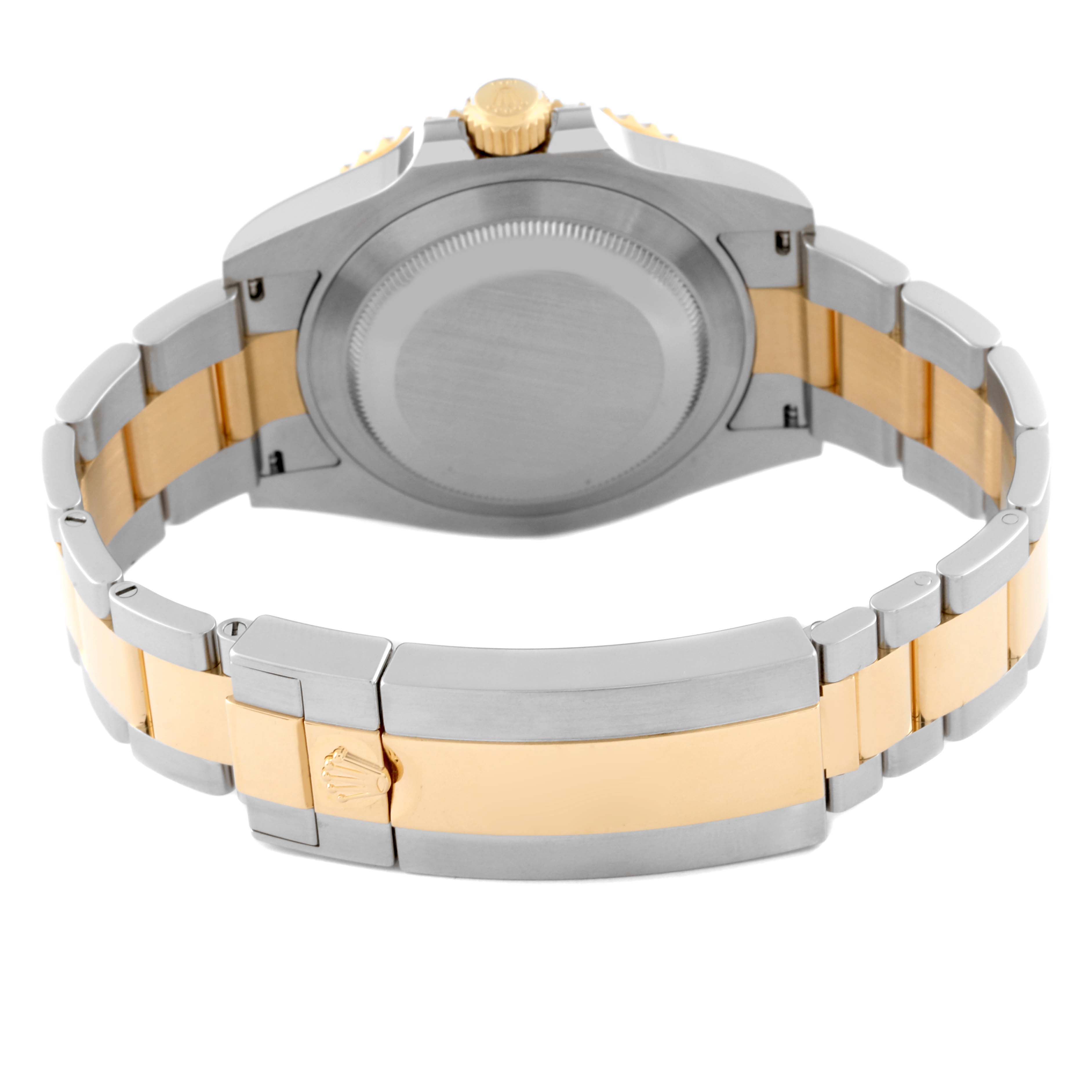 The image shows the back view of a Rolex Submariner 126613 Men's Steel and Gold (two tone) Blue Dial 126613 Men's Steel and Gold (two tone) Blue Dial, highlighting the case back and bracelet clasp.