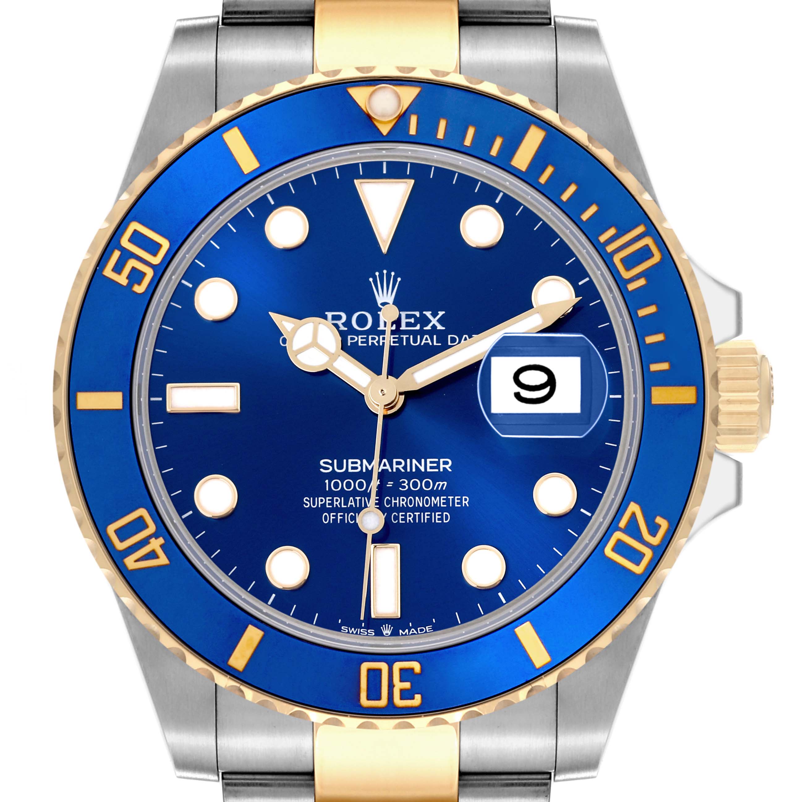 The Rolex Submariner 126613 Men's Steel and Gold (two tone) Blue Dial 126613 Men's Steel and Gold (two tone) Blue Dial is shown from a front angle, highlighting the blue dial, bezel, and gold accents.