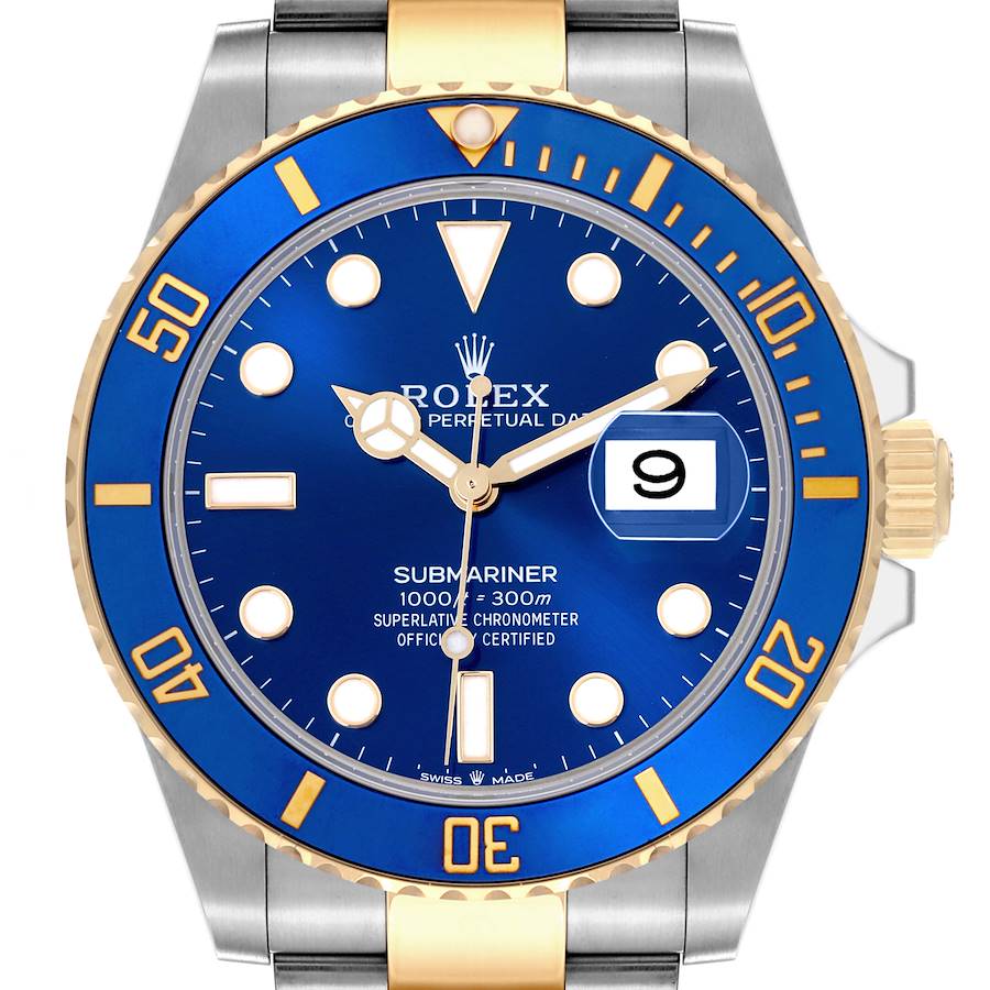 The Rolex Submariner is shown from a front angle, highlighting the blue dial, bezel, and gold accents.