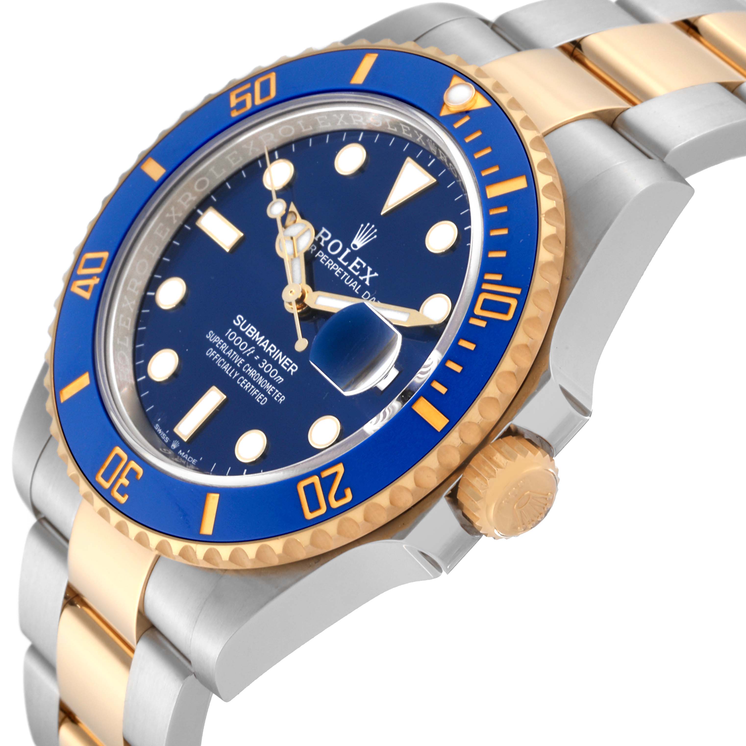 The watch is a Rolex Submariner 126613 Men's Steel and Gold (two tone) Blue Dial 126613 Men's Steel and Gold (two tone) Blue Dial shown at an angled view, highlighting the bezel, crown, and bracelet.